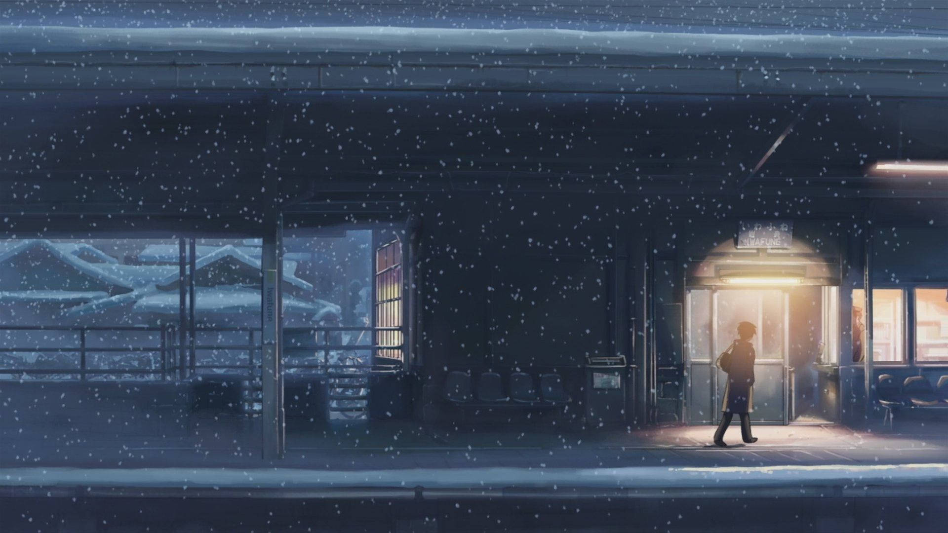 《5厘米/秒》復古動畫美學 壁紙 — 一個孤獨的身影在昏暗的火車站中穿過雪地，敞開的門透出溫暖的光芒。