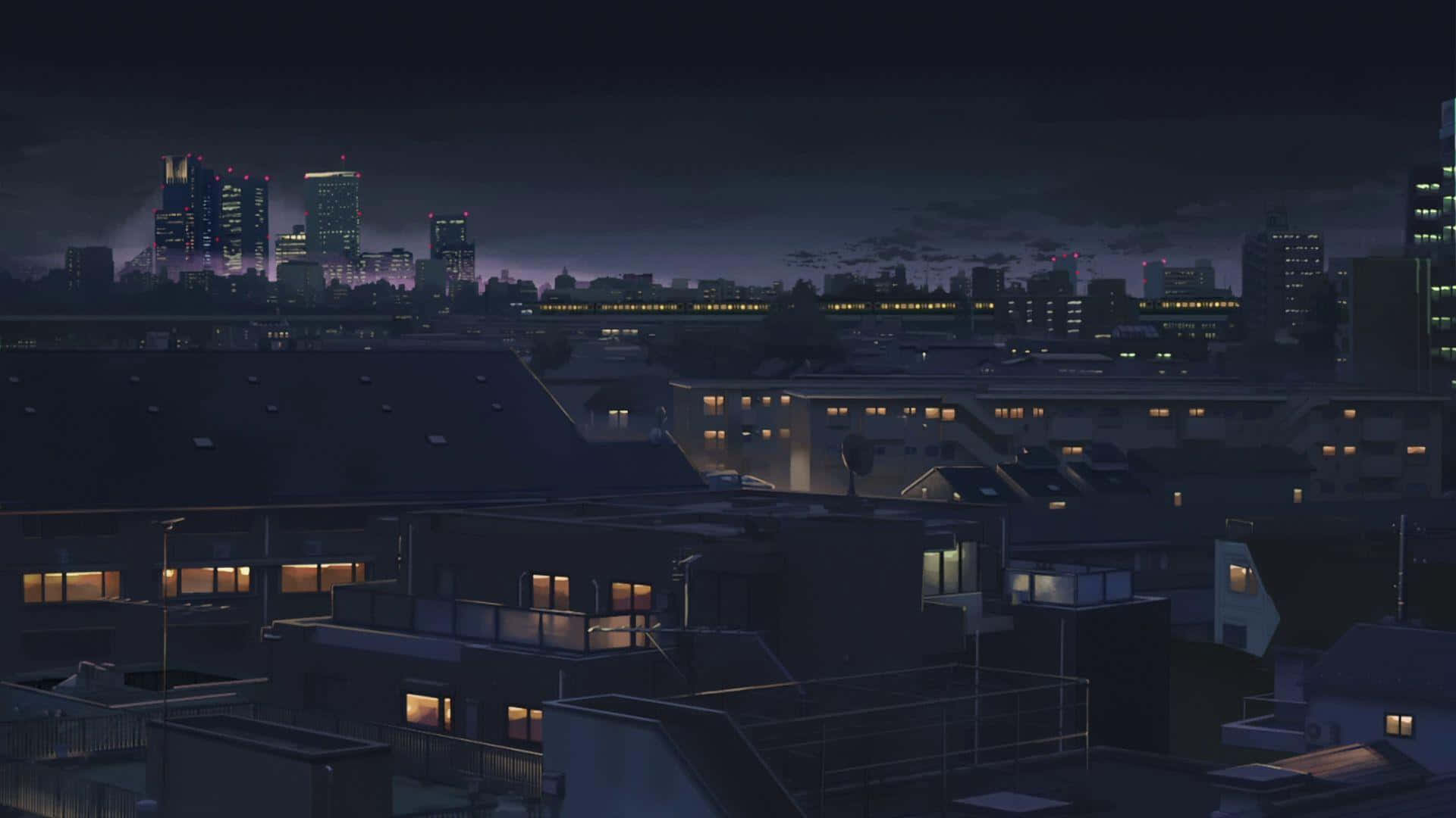 夜景城市景觀，窗戶發光，遠處摩天大樓在深紫色天空下。