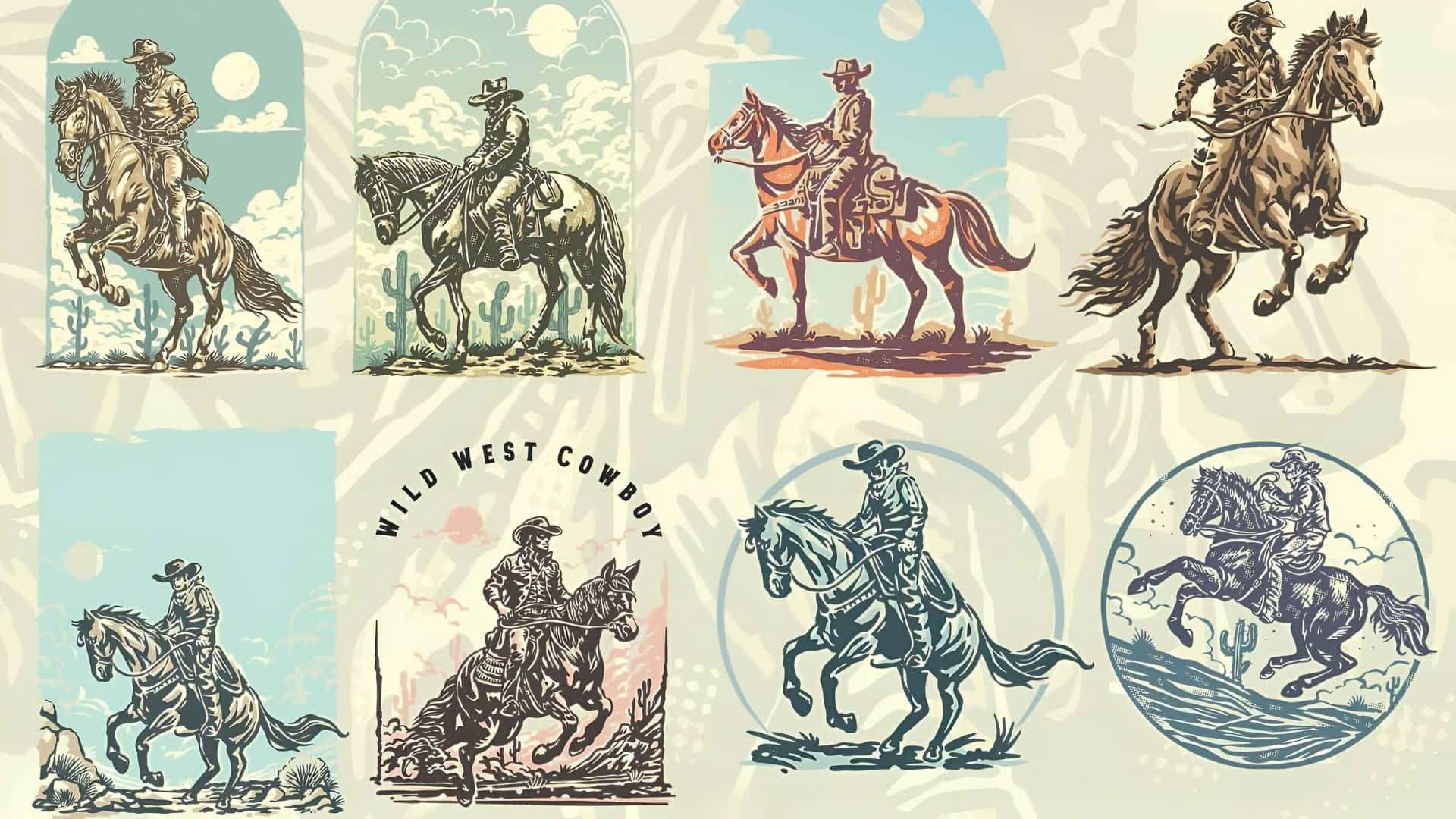  壁紙 — 六幅復古風格插圖描繪牛仔騎馬穿越沙漠景觀，背景有仙人掌和拱形裝飾。