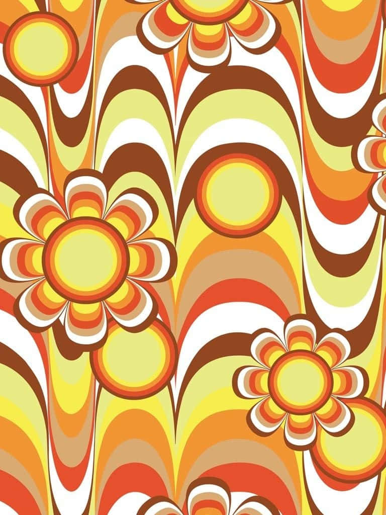 復古60年代花卉與波浪圖案 壁紙 — 充滿活力的復古花卉圖案，帶有旋轉的橙色、黃色和棕色形狀，白色背景。