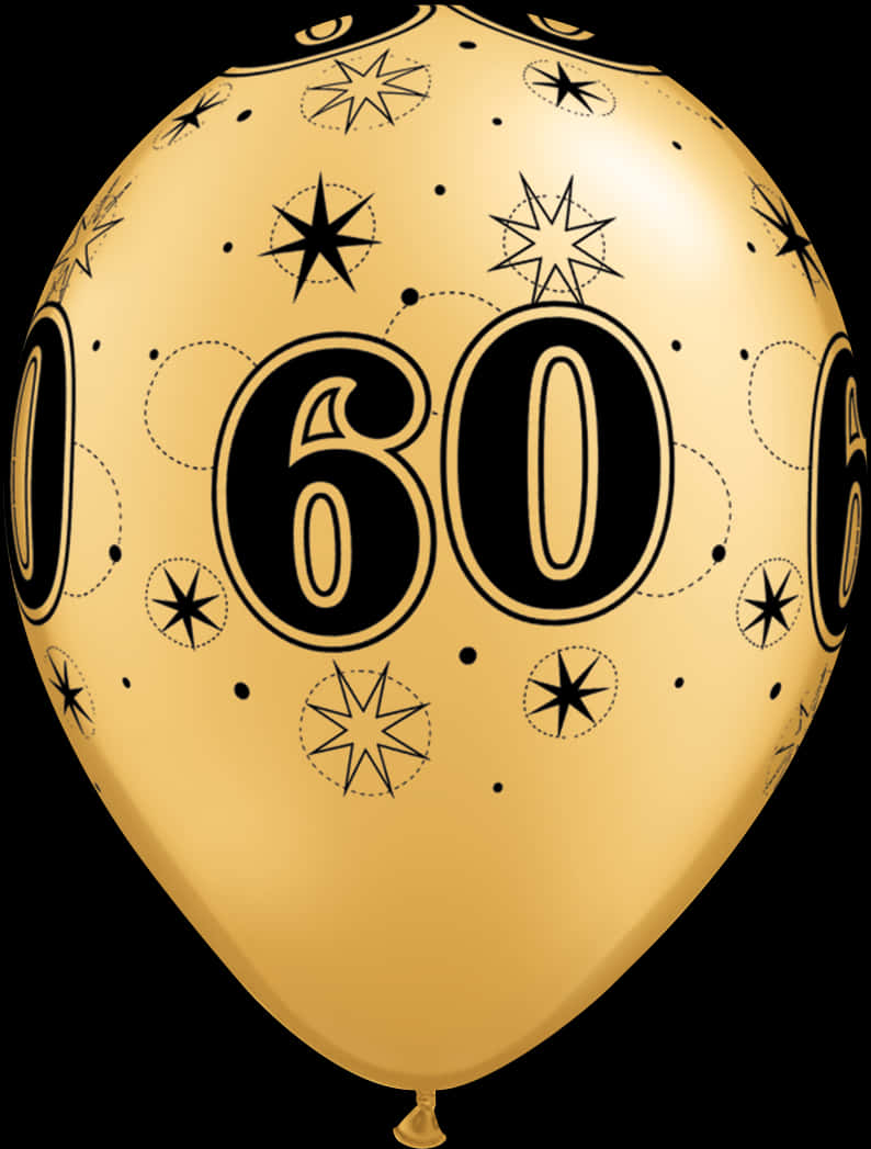 60歲慶祝金色氣球 壁紙 — 一個閃亮的金色氣球，上面有粗體黑色數字60和星星圖案，在黑色背景下慶祝一個里程碑式的生日。