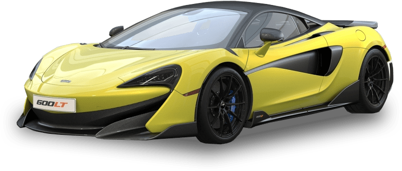 黃色麥拉倫600LT側面視圖 壁紙 — 一輛充滿活力的黃色McLaren 600LT跑車，帶有黑色飾邊和藍色制動卡鉗，側面展示在透明背景上。