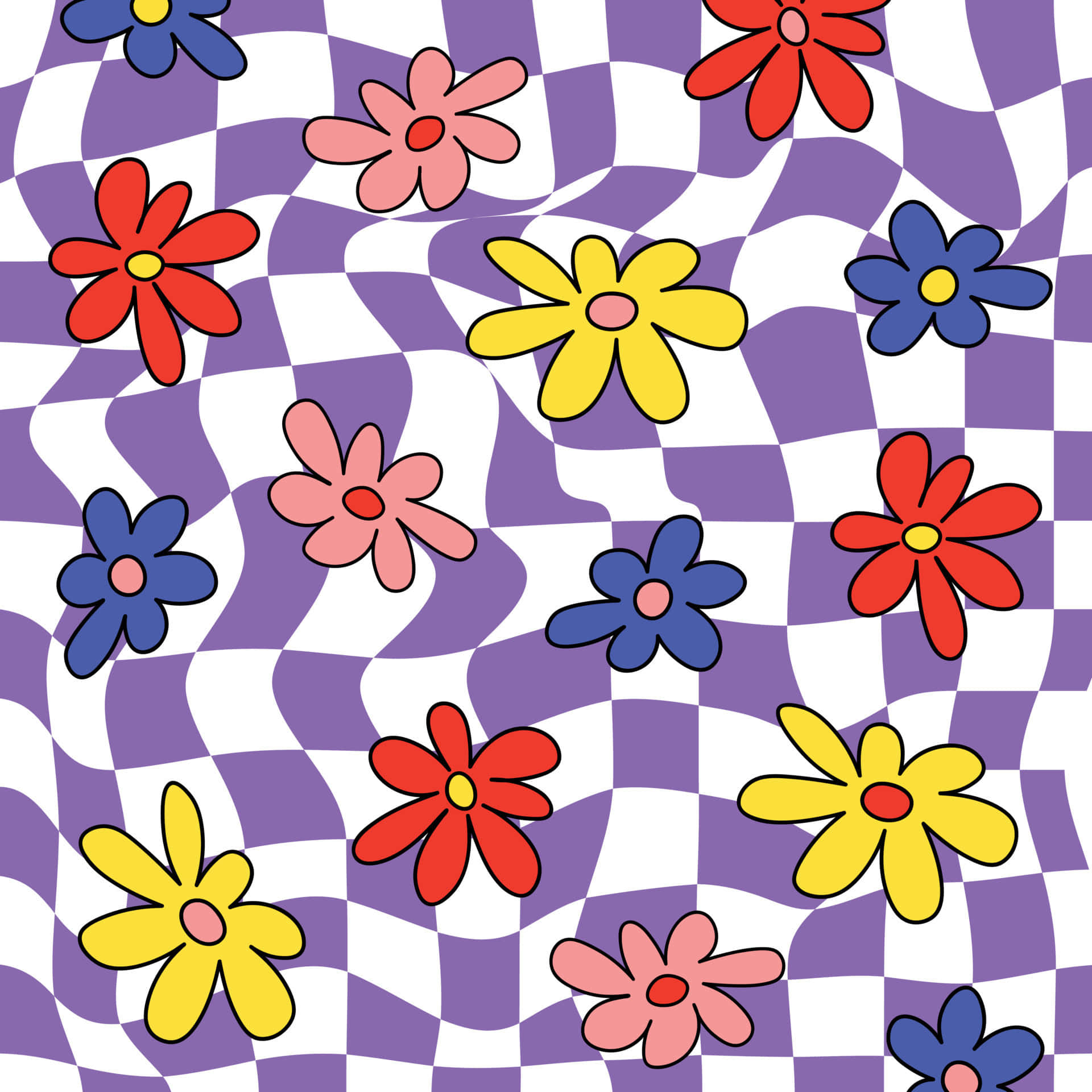 60年代風格的色彩抽象插畫 壁紙 — 鮮豔的卡通花朵（紅色、黃色、藍色和粉紅色）漂浮在波浪形的紫色和白色格子背景上。