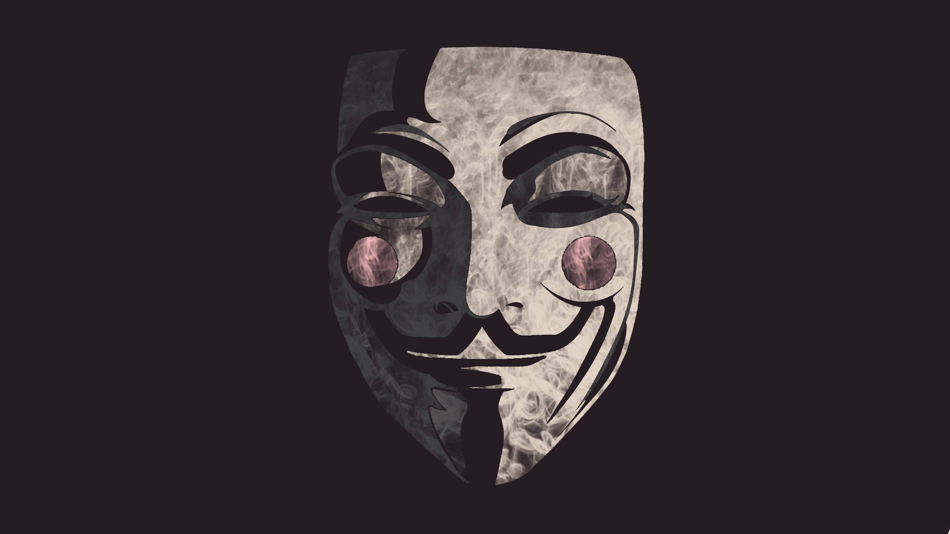 一個蓋伊·福克斯面具，帶有紋理的灰色表面和粉紅色的眼睛，置於深色背景上。
