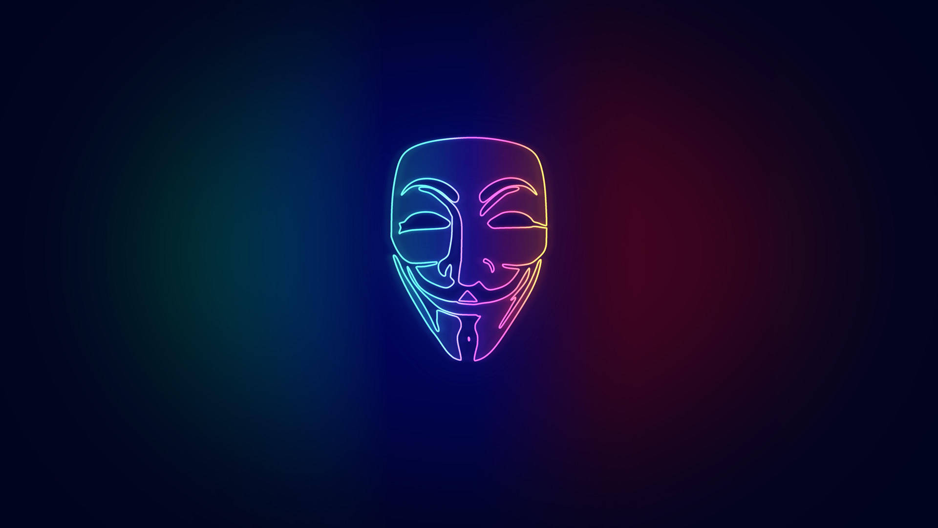 在深色漸變背景上發光的蓋伊·福克斯面具霓虹燈輪廓。