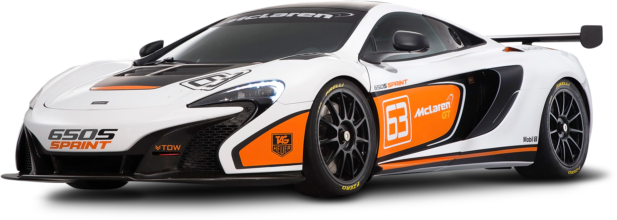 麥拉倫650S賽車側面視圖 壁紙 — 一輛白色和橙色的McLaren 650S Sprint賽車，號碼63，在黑色背景上。