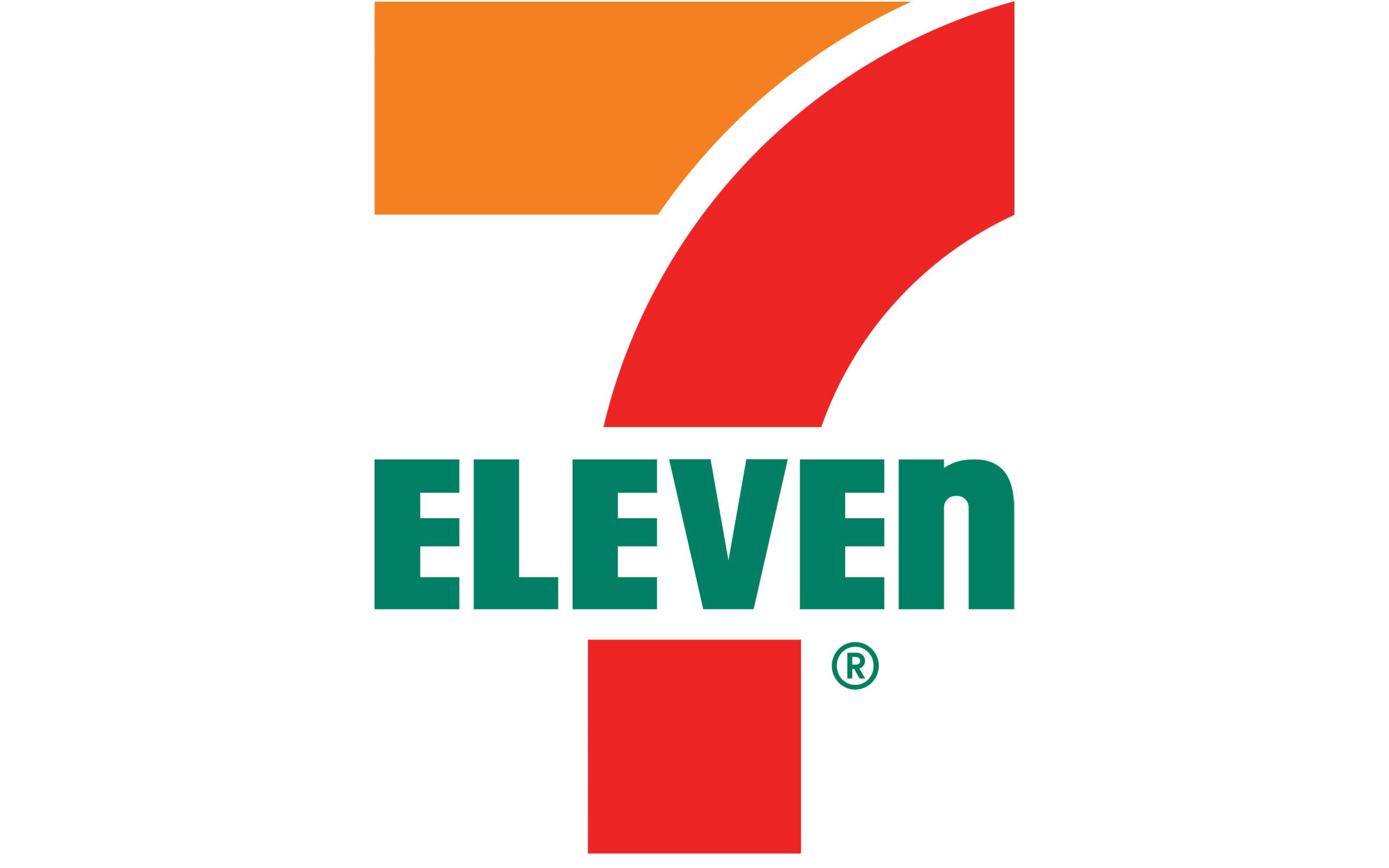7-Eleven公司標誌 壁紙 — 在乾淨的白色背景上帶有註冊商標符號的醒目紅橙綠色7 eleven標誌。