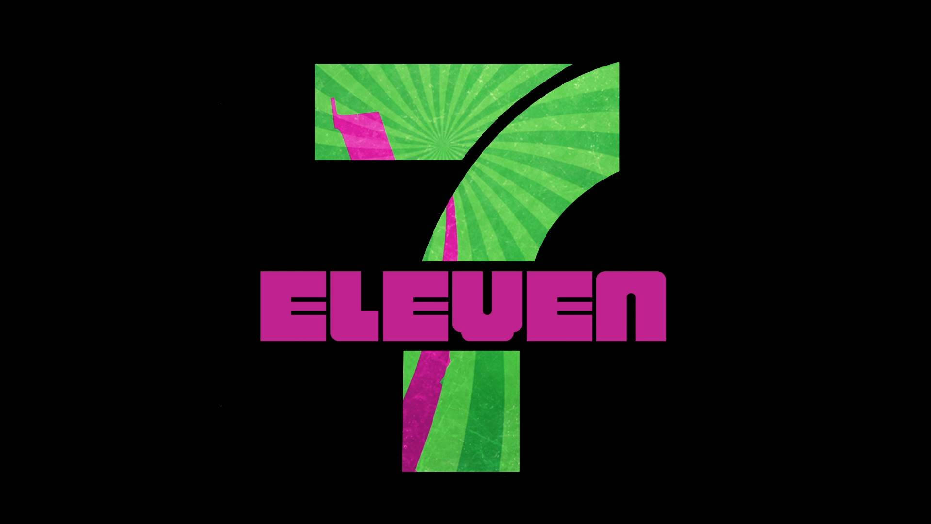 7-Eleven復古風海報 壁紙 — 大膽的7 eleven標誌，帶有綠色太陽光芒和洋紅色文字，背景為黑色。