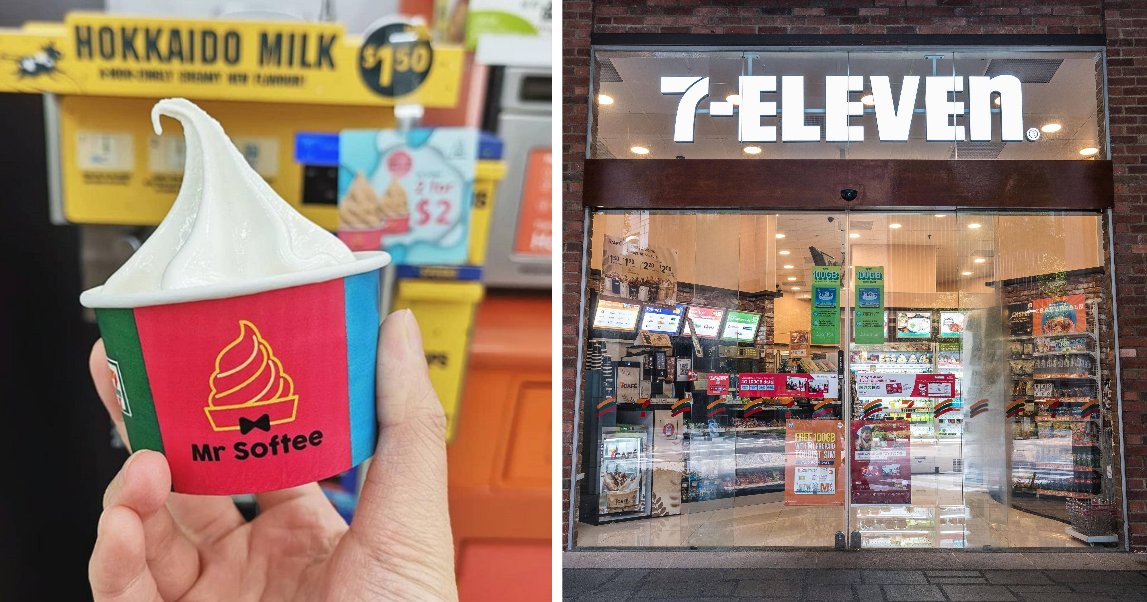 7-Eleven日本門店 壁紙 — 一隻手在明亮的7-Eleven商店前拿著一杯色彩繽紛的軟雪糕，店內商品和發光招牌清晰可見。