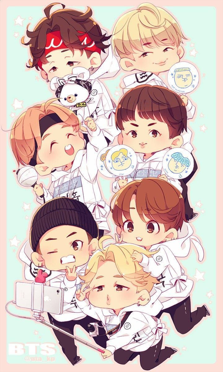 BTS 動畫版 白色夾克 壁紙 — 七個Q版BTS成員身穿白色服裝，在星星點綴的粉彩背景中圍著自拍杆俏皮地擺姿勢。