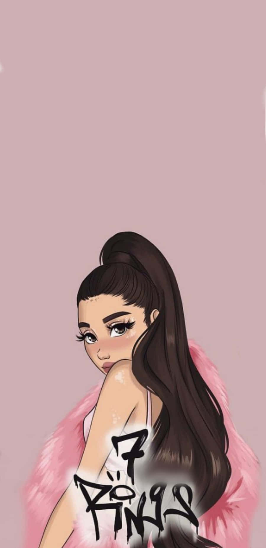 愛莉安娜·格蘭德於音樂錄影帶中身穿粉色禮服表演《7 Rings》 壁紙 — Ariana Grande 身穿粉紅色皮草外套，手臂上有「7 Rings」塗鴉，背景為柔和粉紅色。