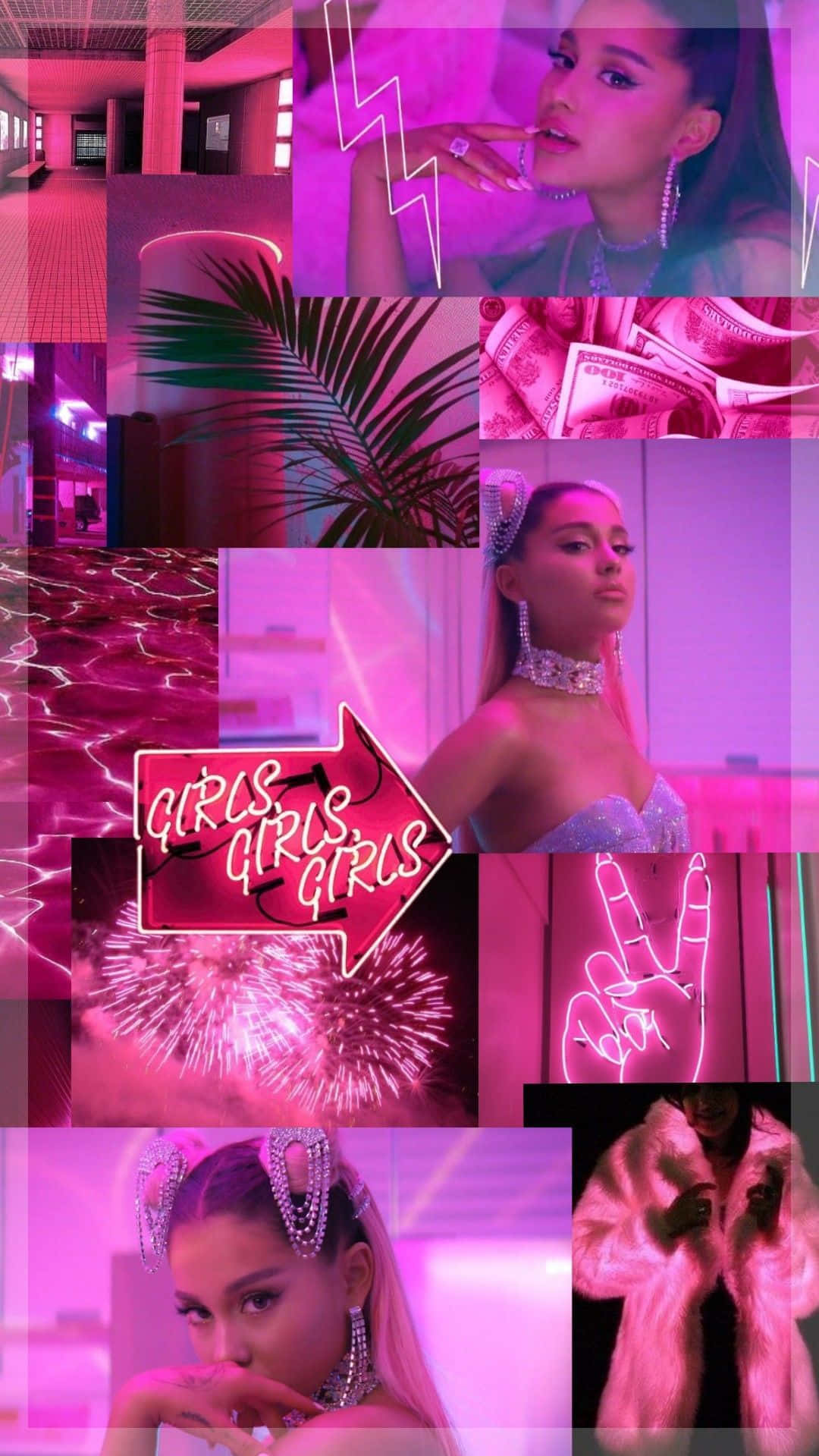 愛莉安娜·格蘭德在《7 Rings》音樂錄影帶中閃耀光芒 壁紙 — 充滿活力的粉紅色霓虹拼貼畫， featuring Ariana Grande 以華麗姿勢搭配金錢、棕櫚葉、煙火和 'girls girls girls' 標誌。