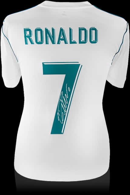 羅納度7號球衣 壁紙 — 一件白色足球球衣，上面有青綠色的「RONALDO」和號碼「7」，號碼上有簽名，展示在黑色背景上。