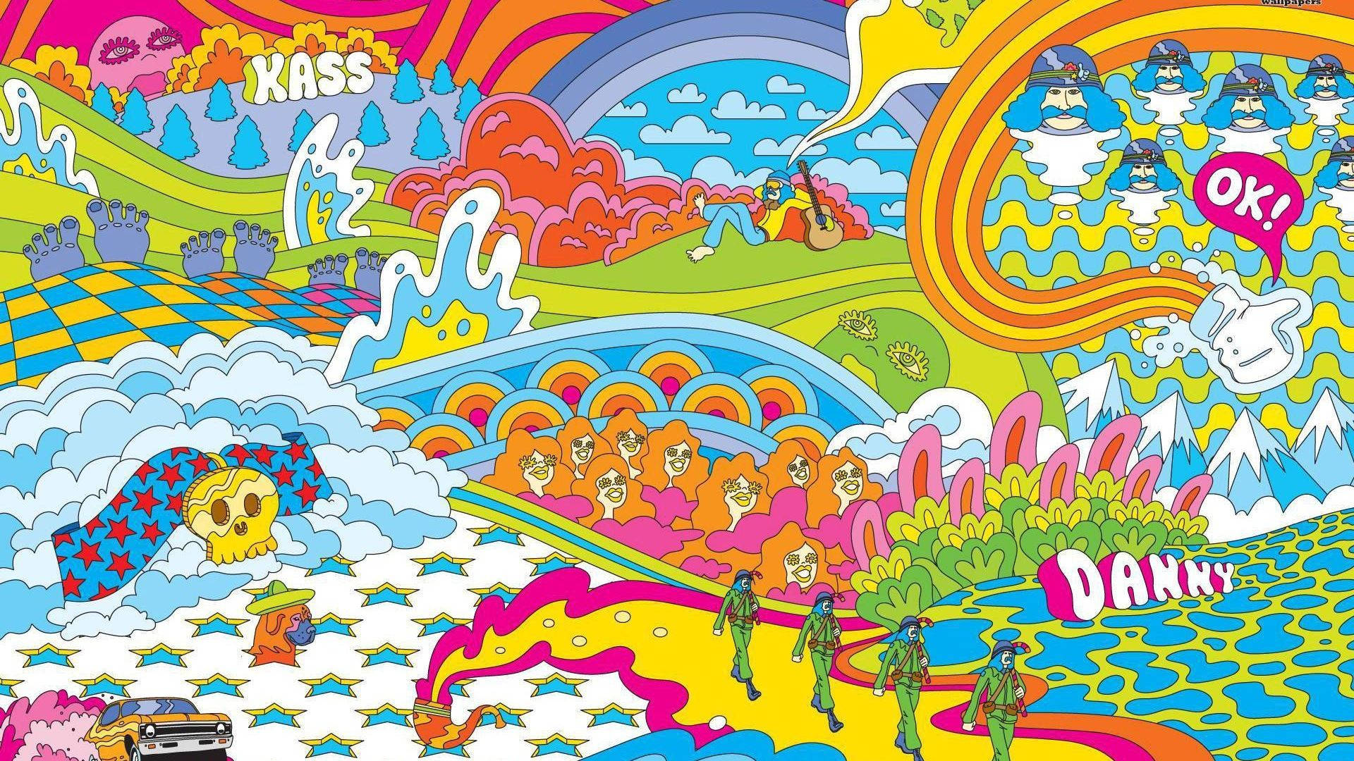 迷幻卡通場景，彩虹山丘和士兵在色彩繽紛的小路上行走。