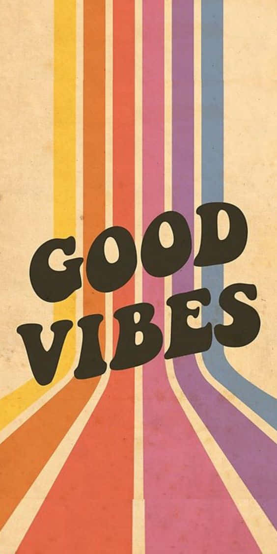 復古海報，彩色垂直條紋上帶有「GOOD VIBES」文字。