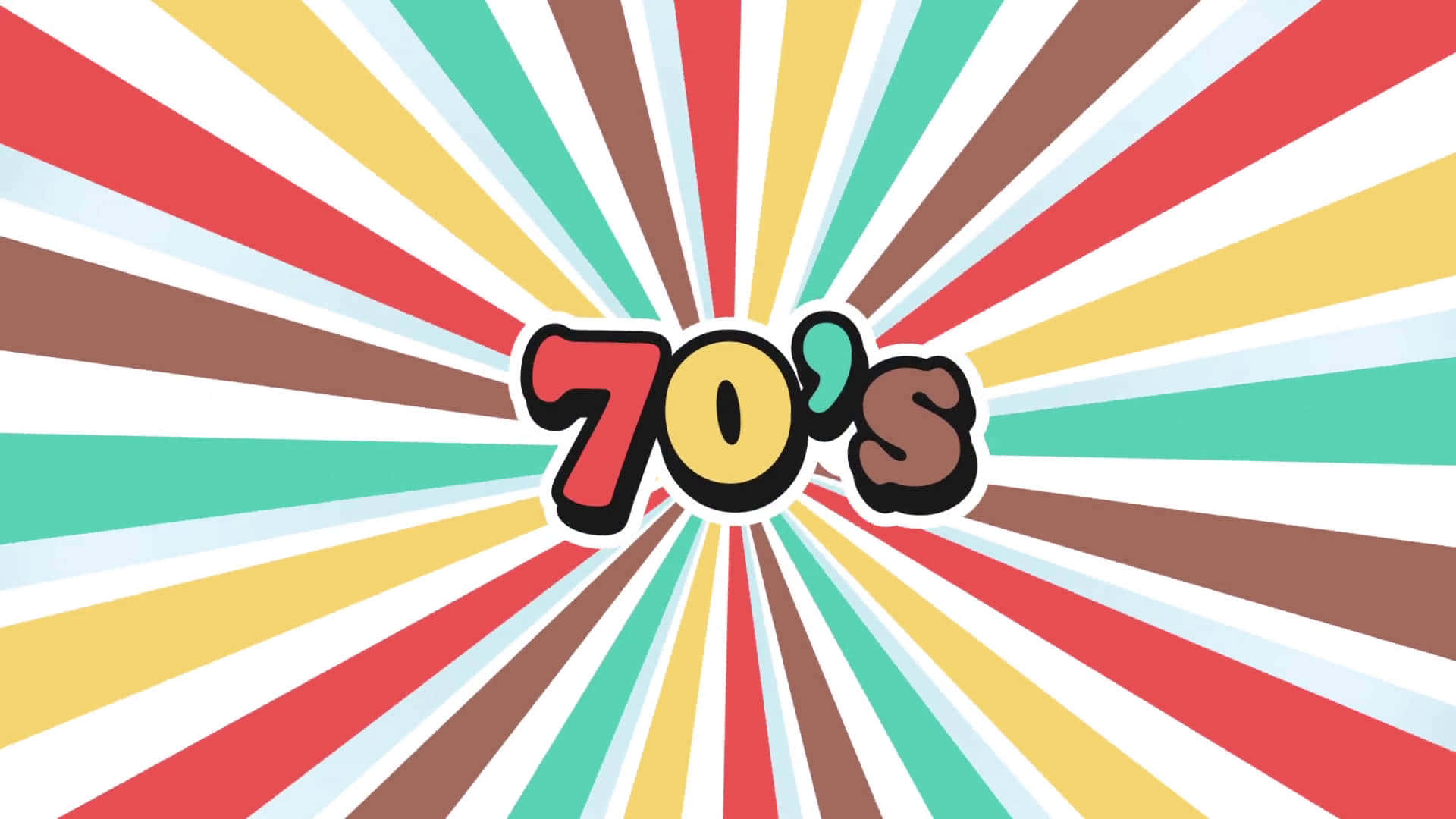 70年代復古標誌美學背景 壁紙 — 大膽的70年代文字從中心迸發，背景是充滿活力的復古彩虹條紋太陽光線。