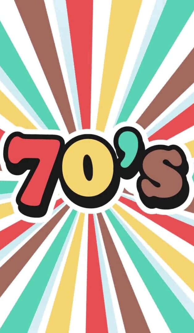 70年代搖滾風背景——色彩圖形藝術與「70s」文字 壁紙 — 大膽的復古70年代文字在充滿活力的彩虹條紋陽光背景下脫穎而出。