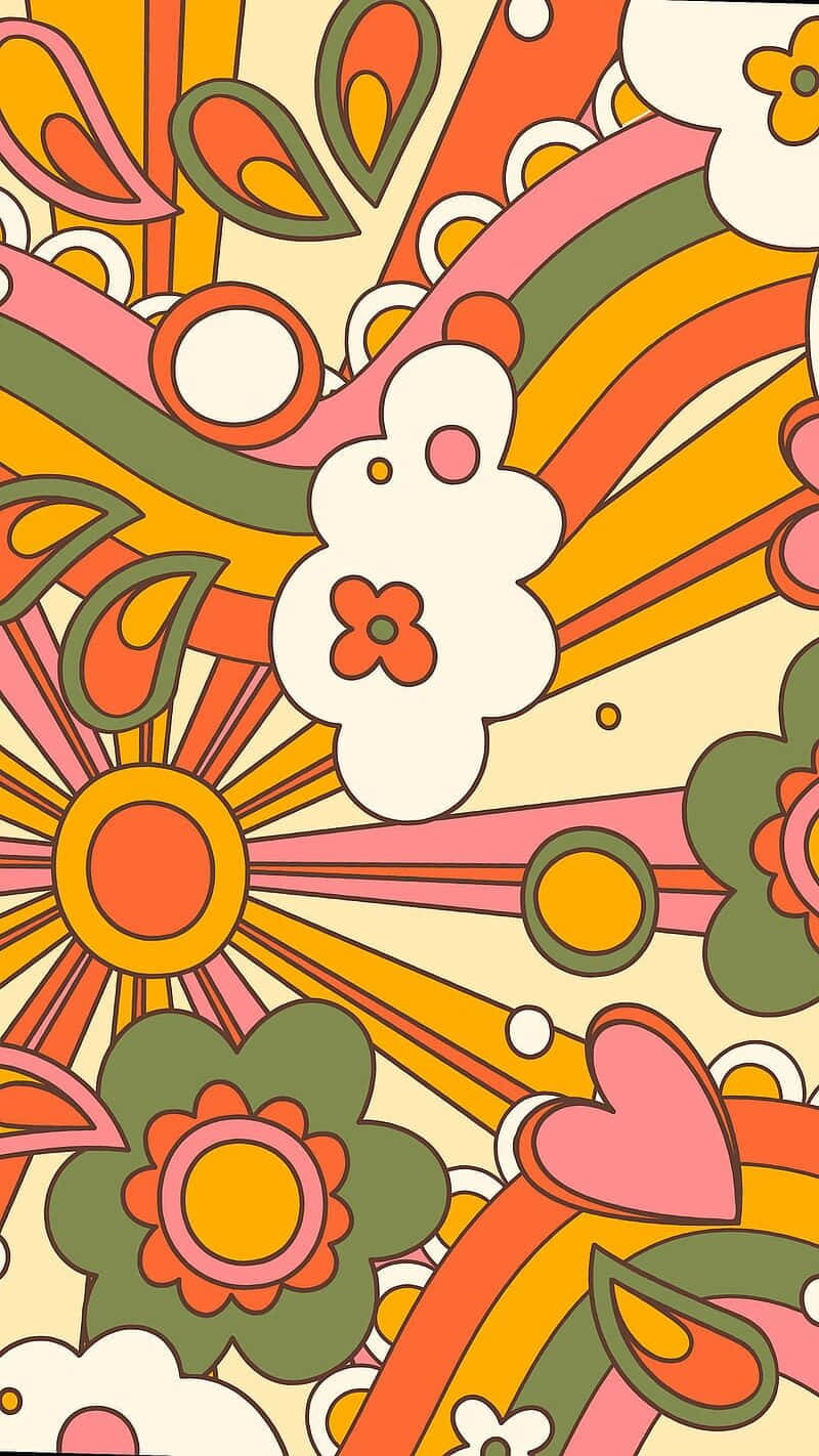 70年代搖滾風背景——花朵與雲朵飛濺 壁紙 — 充滿活力的復古圖案，以溫暖的橙色、粉紅色和綠色色調呈現風格化的花朵、心形和太陽爆發。