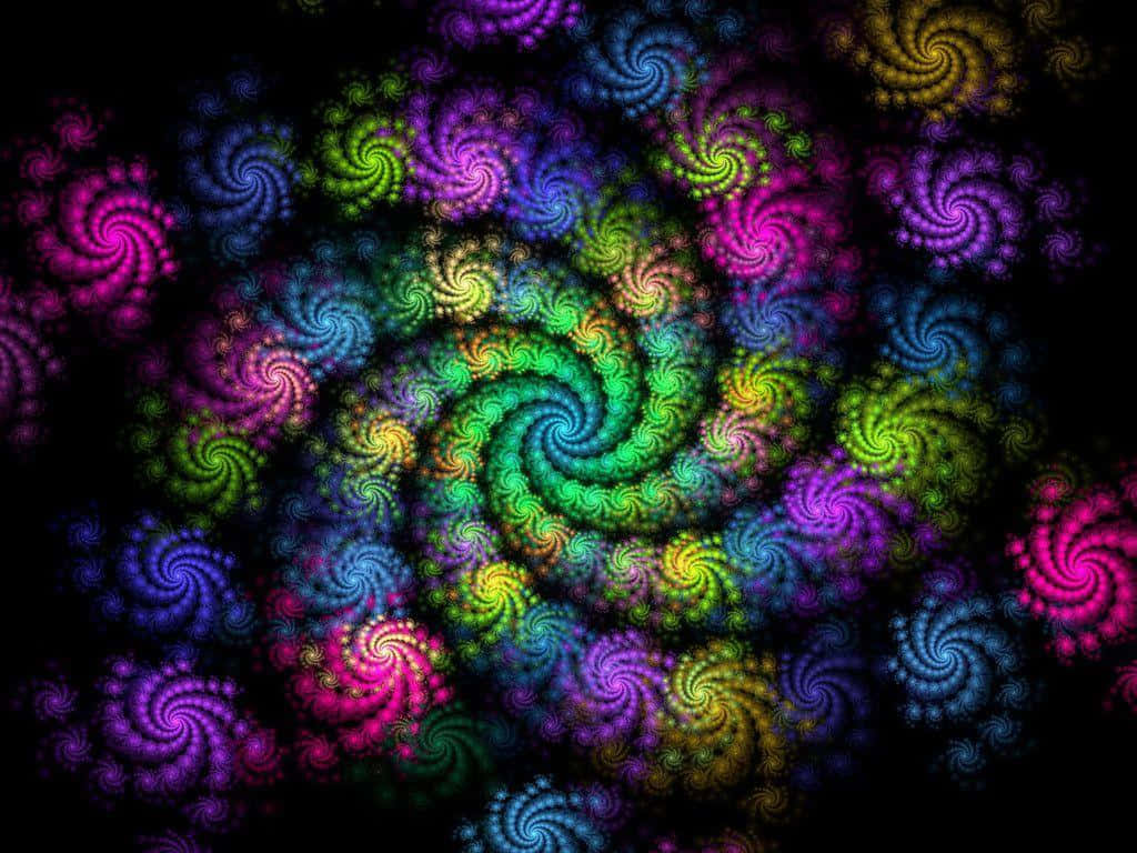 在黑色背景上，充滿活力的霓虹分形螺旋在數位渦流中旋轉。