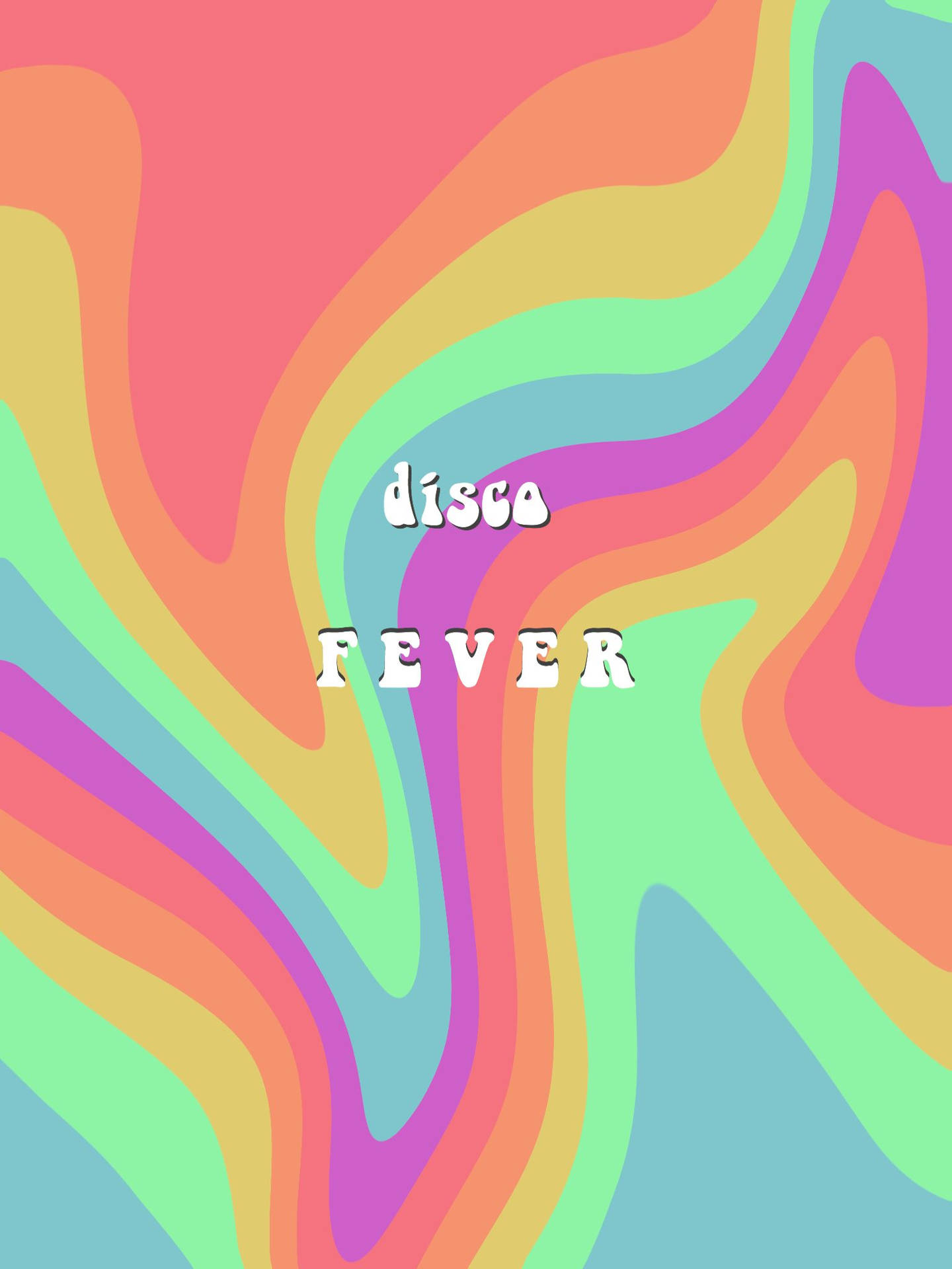 在旋轉的彩虹背景上，粗體白色文字 disco fever。