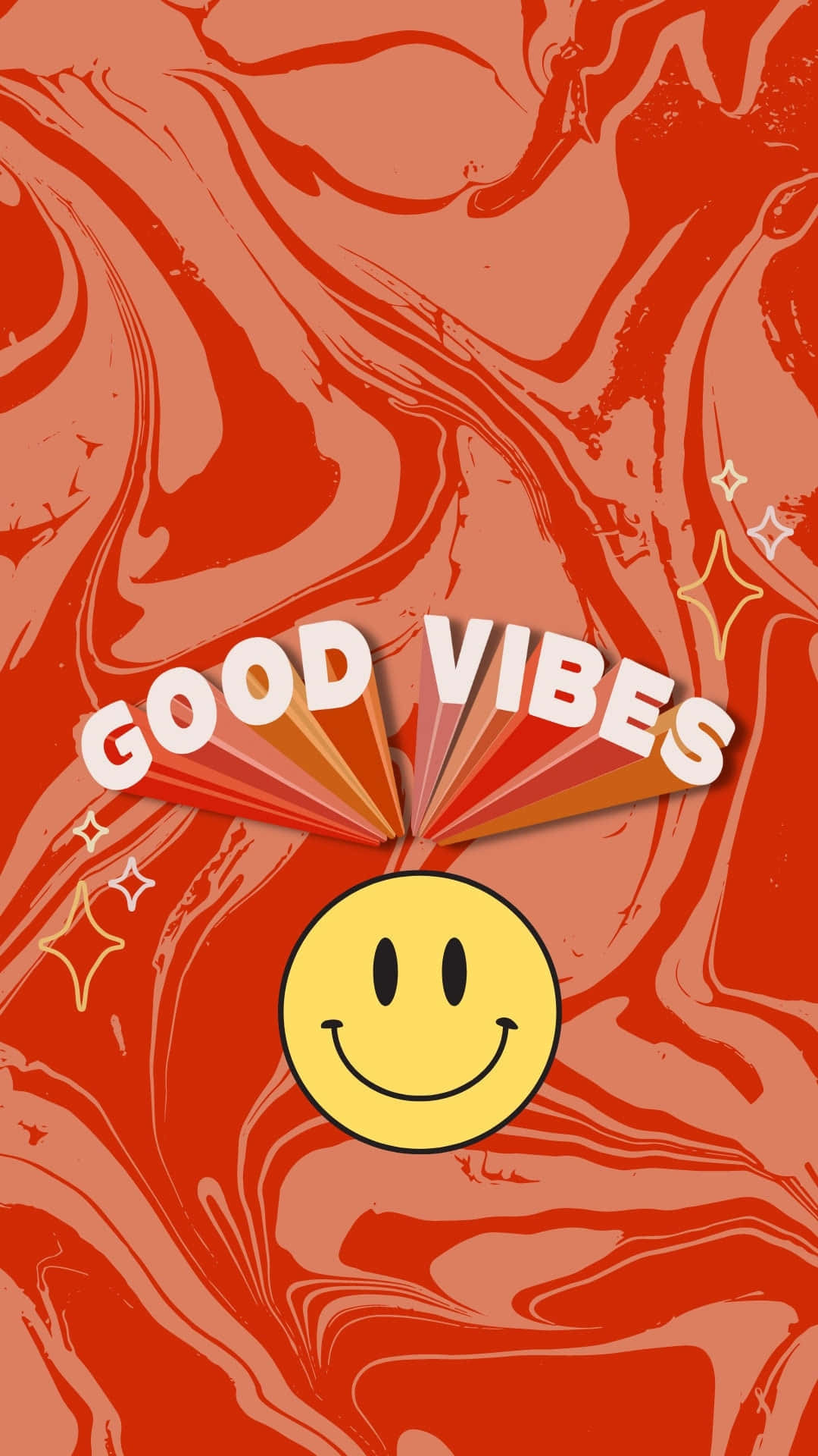 黃色笑臉在紅色大理石紋背景上帶有「GOOD VIBES」文字和星星。
