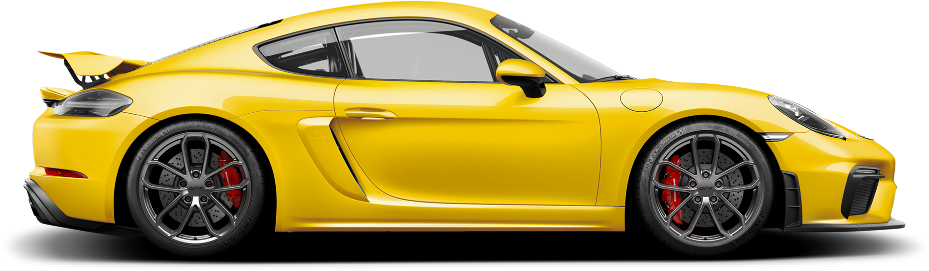 黃色保時捷718 Cayman GT4側面視圖 壁紙 — 鮮黃色保時捷跑車，配備紅色制動卡鉗和黑色車輪，在黑色背景下以銳利的側面輪廓展示。