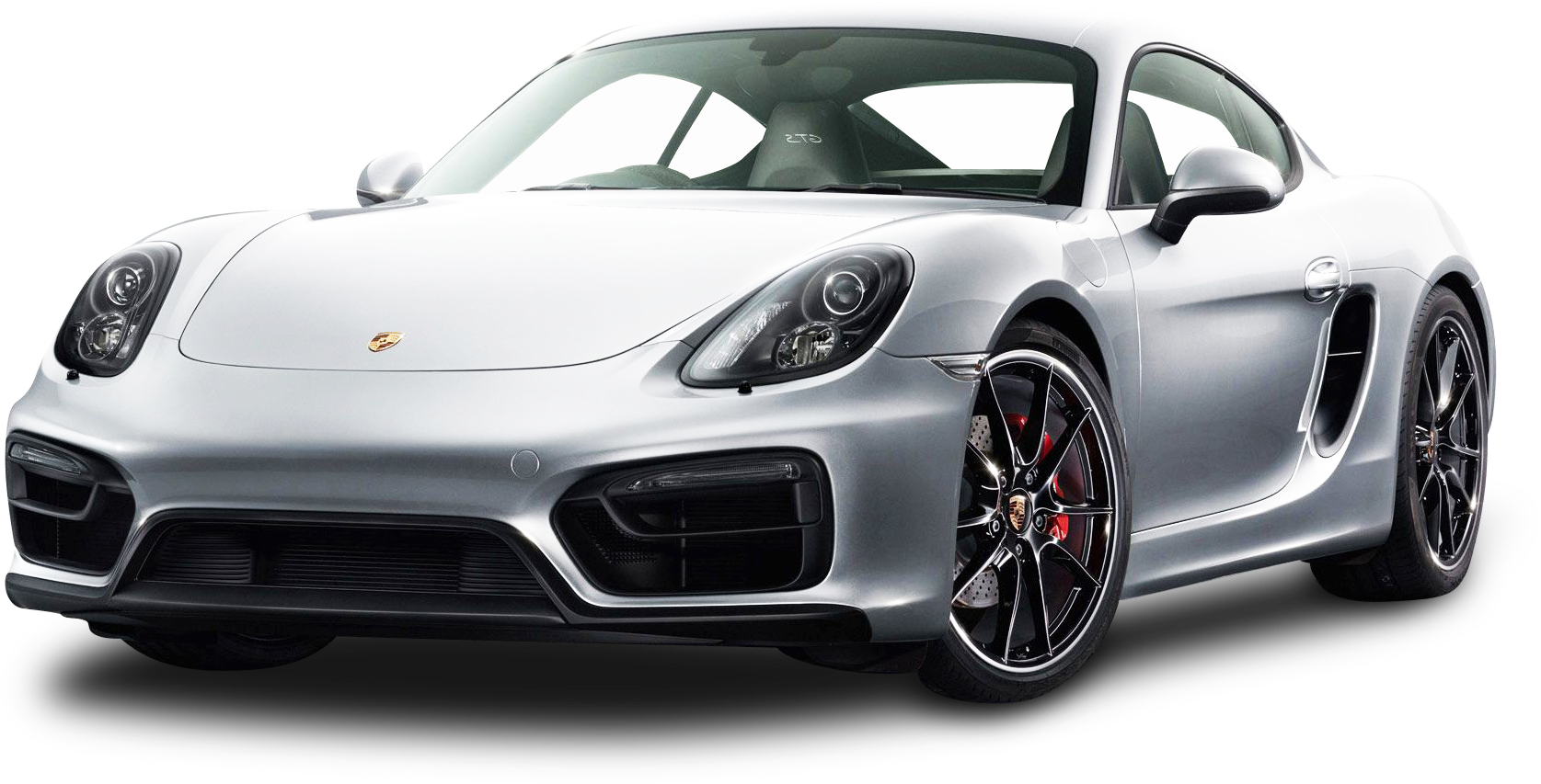 銀色保時捷 718 Cayman GTS 側面視圖 壁紙 — 一架時尚的銀色保時捷 Cayman GT4 跑車，配備黑色輪圈和紅色制動卡鉗，孤立在純黑色背景上。