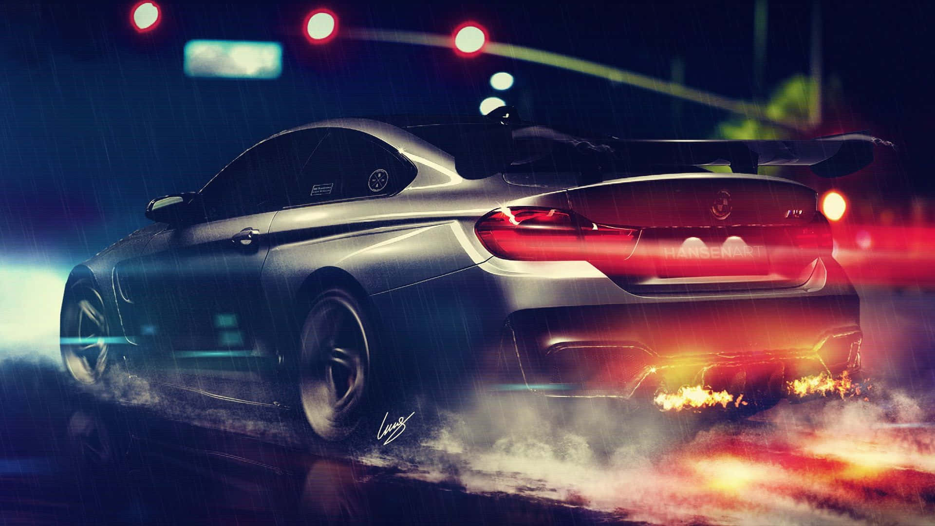 720p M 系列背景：灰色 BMW M4 壁紙 — 一輛銀色跑車在夜雨中飄移，帶有熾熱的排氣管和發光的紅色尾燈。