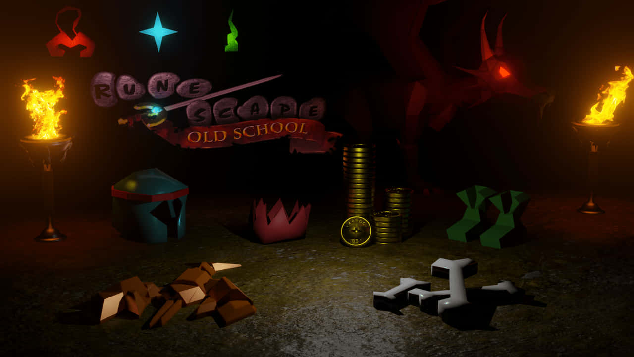RuneScape Old School遊戲場景，在黑暗環境中有火炬、硬幣和龍。