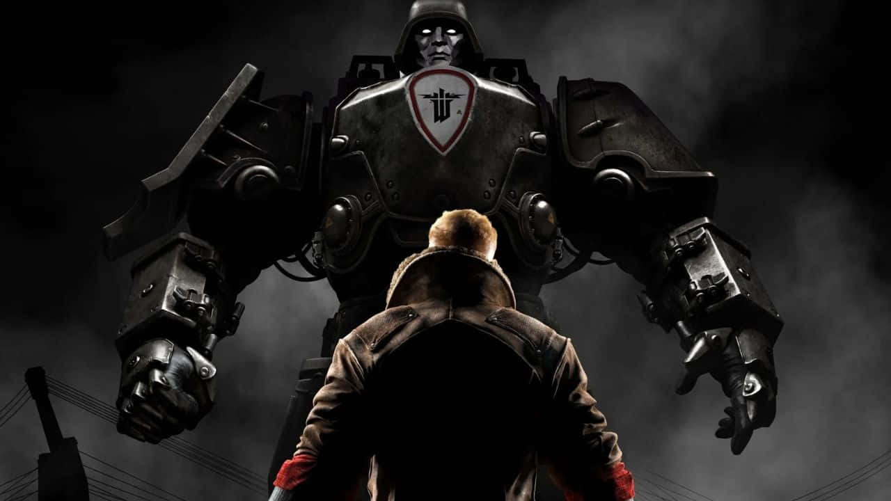 以 720p 高畫質體驗 Wolfenstein II 的納粹戰鬥 壁紙 — 一個孤獨穿外套的男人站在一個發光眼睛和紅色標誌的巨型裝甲機械人面前，背景是煙霧瀰漫的黑暗環境。