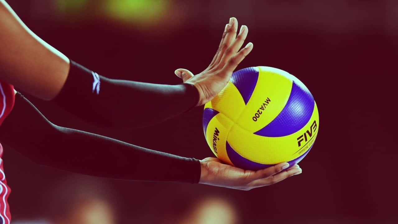 運動員在比賽中手持FIVB排球。