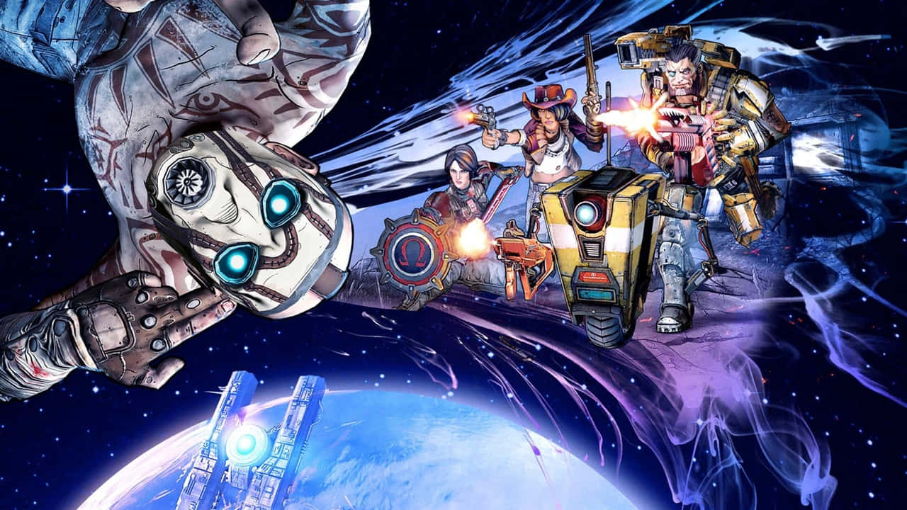 穿著盔甲的太空冒險家在藍色行星上空發射武器，背景有星場。