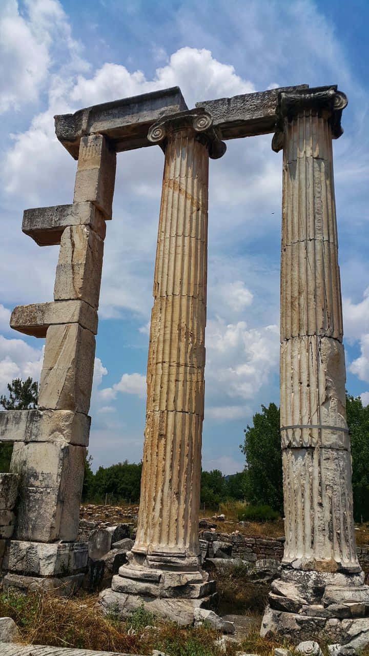720p旅行背景 - 奧林匹亞宙斯神廟 壁紙 — 一座廢墟寺廟的古老石柱在藍天白雲下高高聳立。