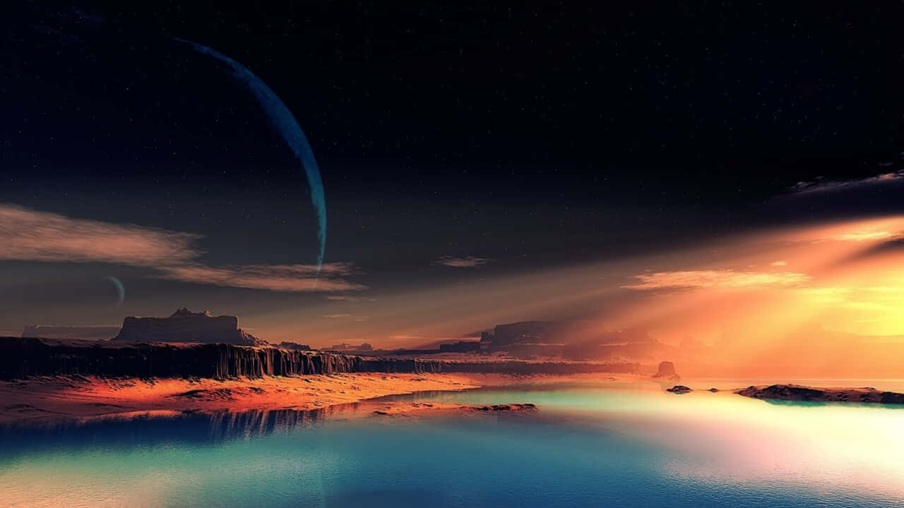 720p解析度下大自然的完美之美 壁紙 — 黃昏時分的超現實外星景觀，發光的水面反射出巨大的藍色新月和遠處的平頂山，星空下。