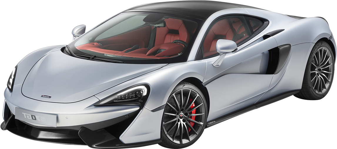 銀色麥拉倫720S紅內裝 壁紙 — 一輛時尚的銀色McLaren 570S跑車，配備紅色內飾和黑色飾邊，在工作室燈光下展示。