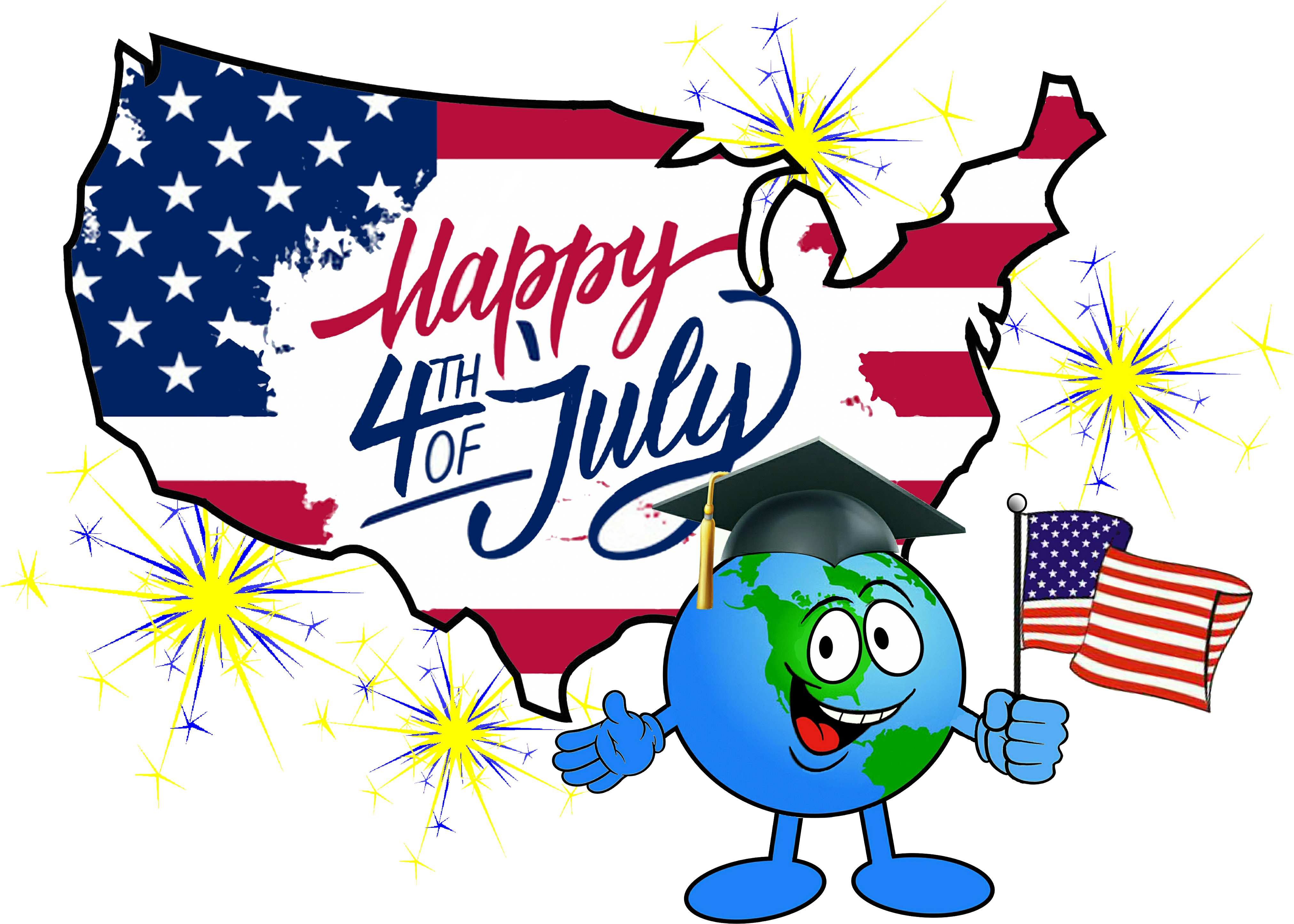 7月4日慶祝卡通圖 壁紙 — 一個戴著畢業帽的快樂卡通地球手持美國國旗，煙火在愛國的美國地圖輪廓周圍爆炸。