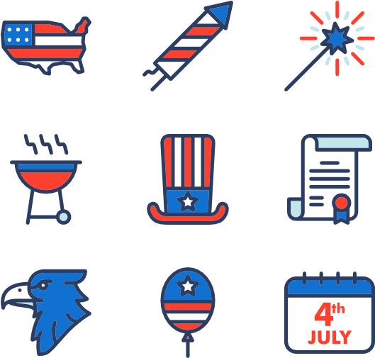 7月4日主題圖標集 壁紙 — 一組九個扁平設計圖標，紅白藍色，代表美國獨立日，包括煙花、燒烤架、高帽和鷹。
