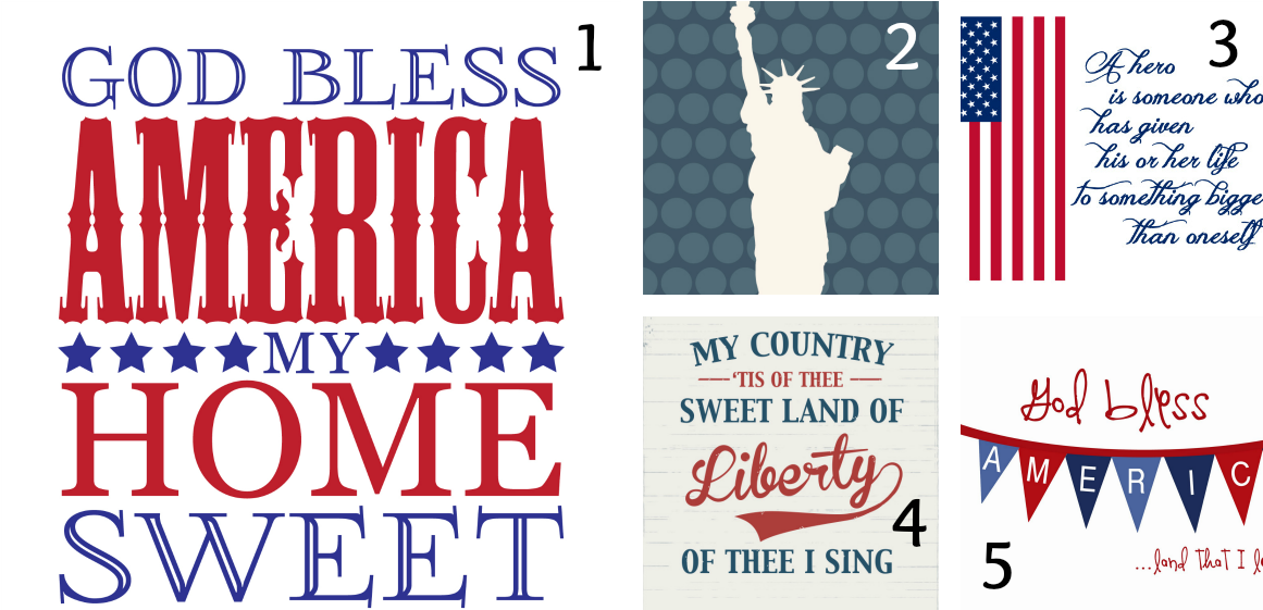 7月4日愛國格言拼貼畫 壁紙 — 大膽的紅、藍、白愛國文字圖形，包含 God Bless America 和 My Country Tis of Thee 等短語，並帶有星星和旗幟圖案。