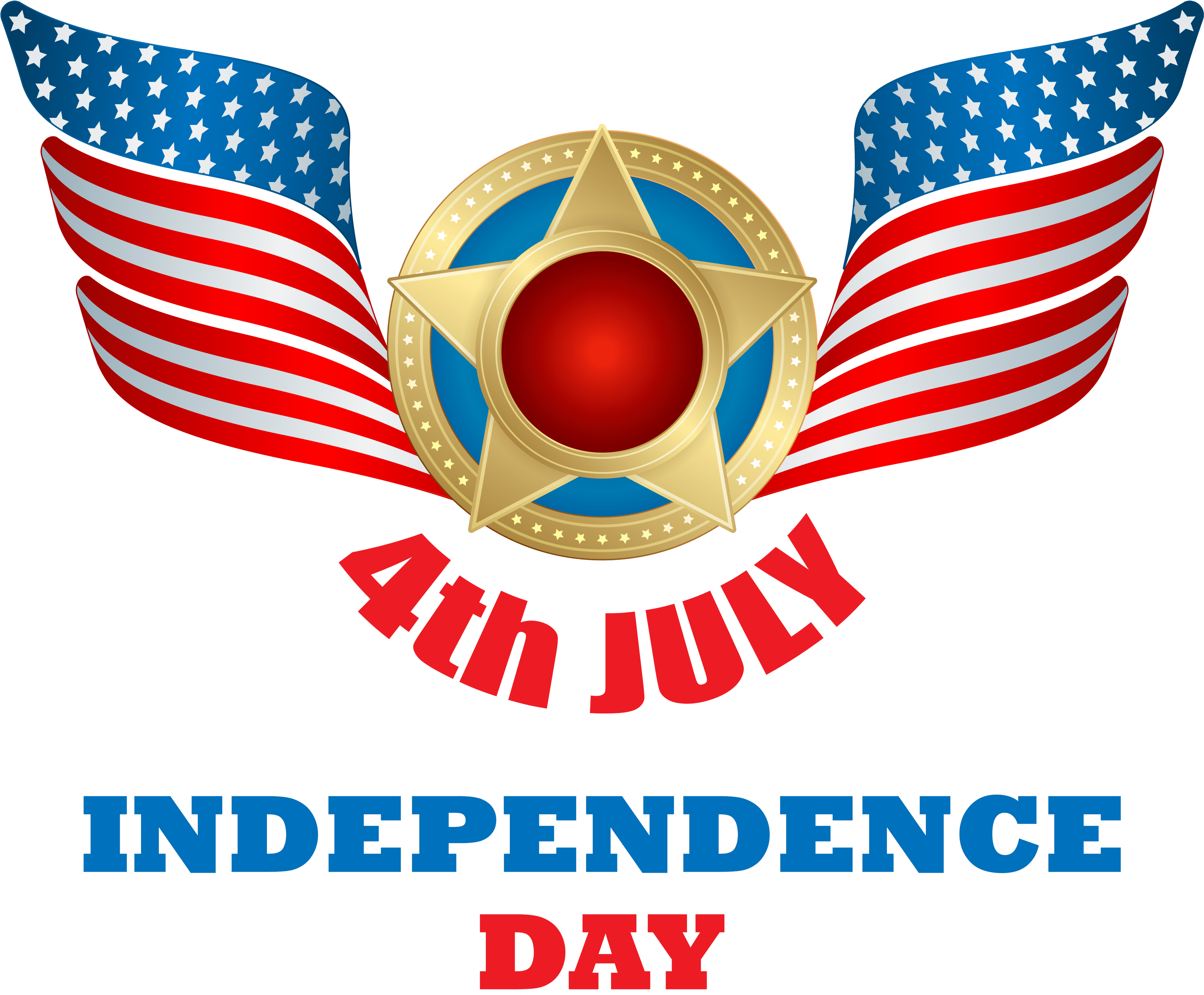 7月4日獨立日徽章 壁紙 — 一個大膽的圖形慶祝7月4日，金色星形獎章兩側有美國國旗翅膀，背景為黑色。
