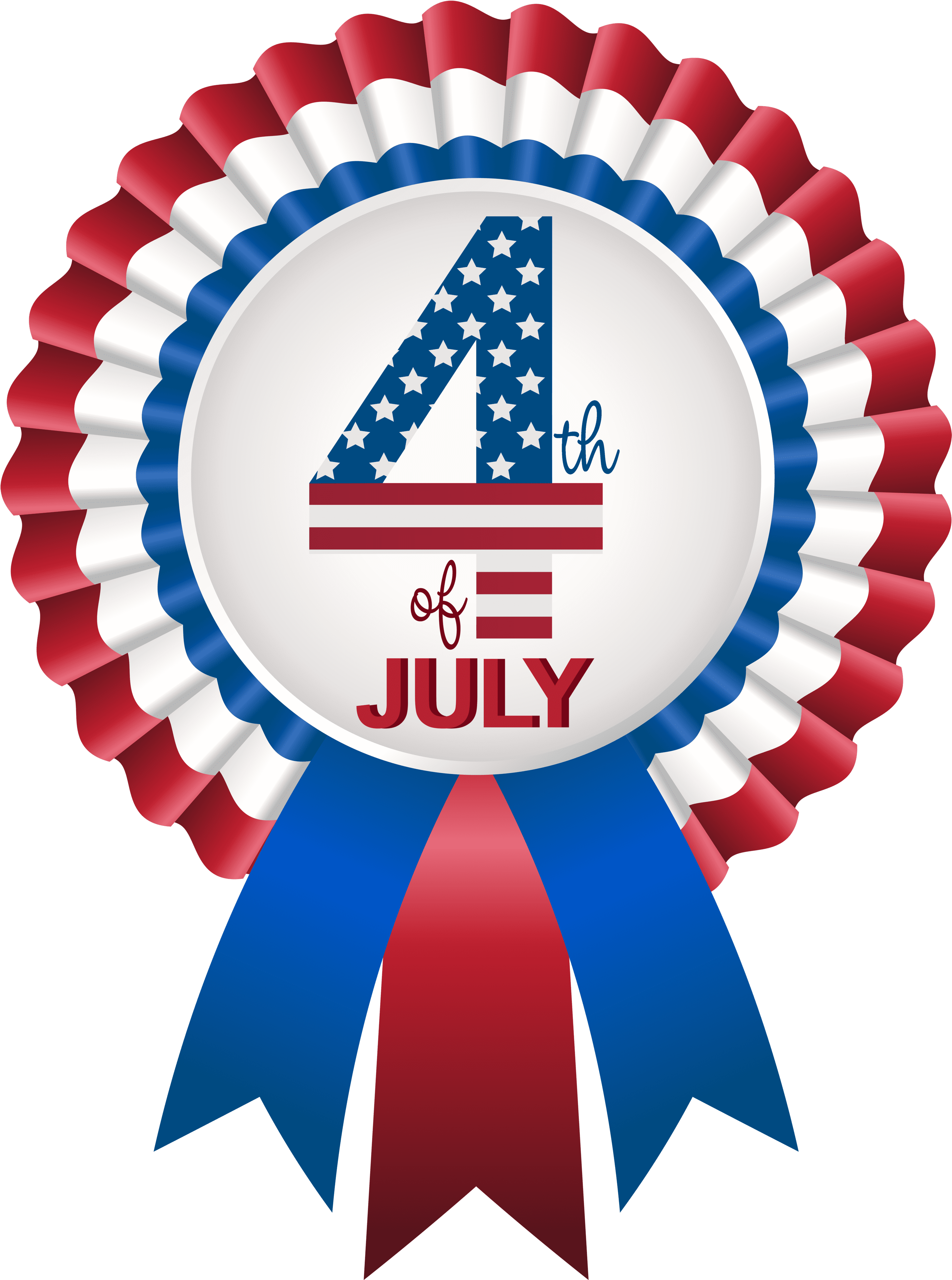 7月4日紀念絲帶徽章 壁紙 — 一個愛國的紅、白、藍三色玫瑰花結絲帶徽章，上面有星形點綴的數字四和慶祝七月四日的文字。