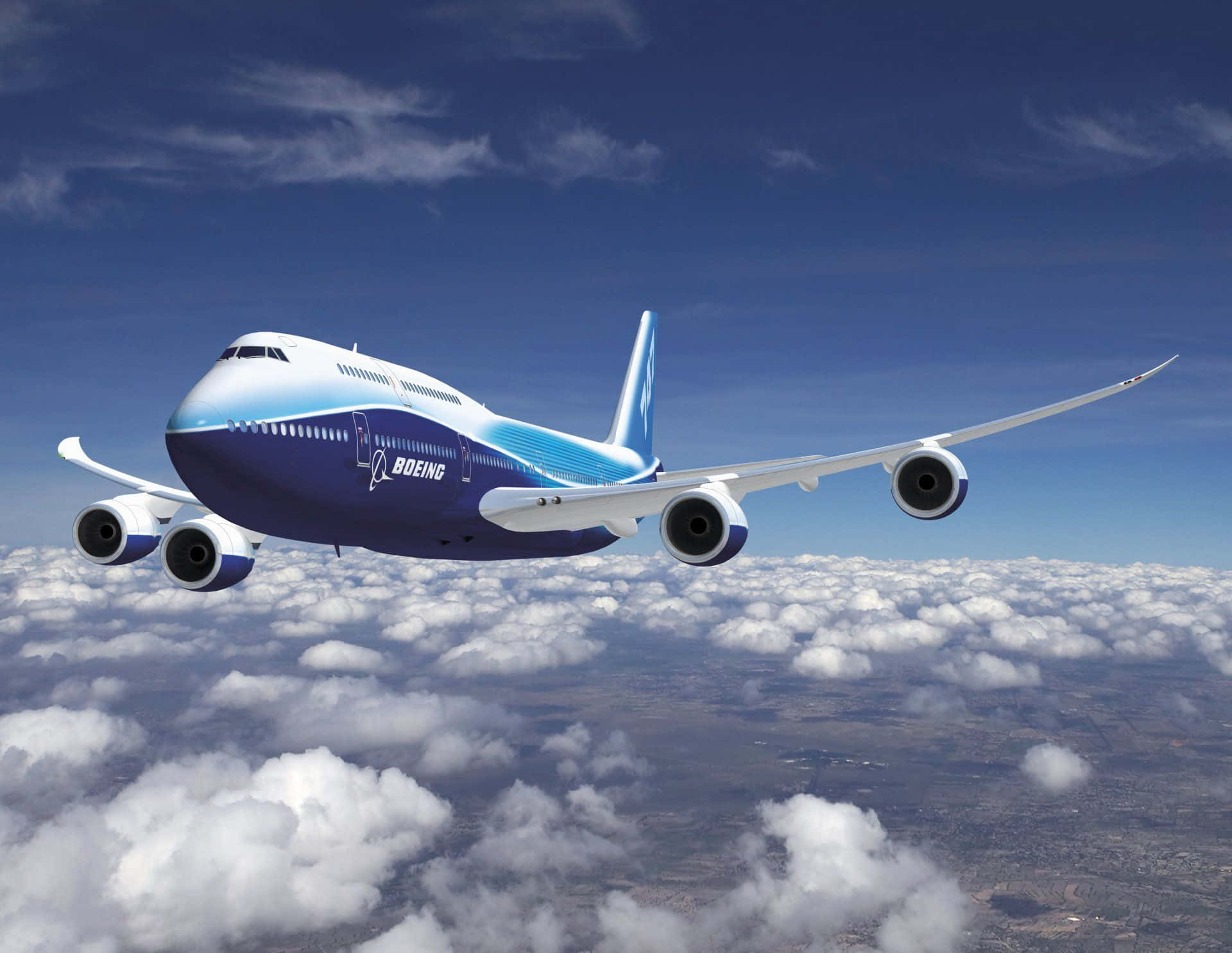 747客機穿雲飛行 壁紙 — 一架波音747在晴朗的藍天下翱翔於蓬鬆的白雲之上，地球在下方清晰可見。