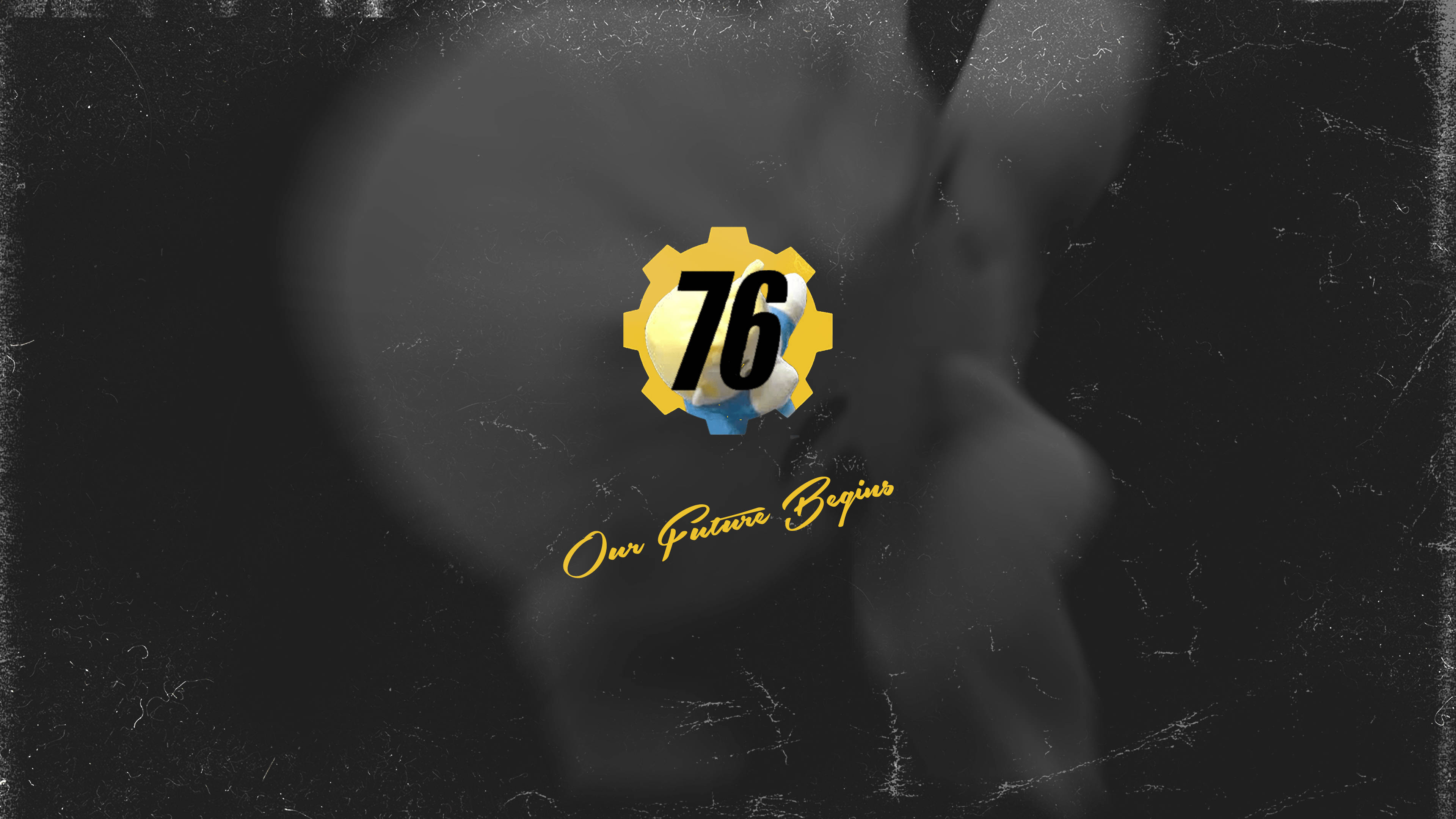 《輻射76》：我們的未來由此開始 壁紙 — 粗糙的黑白背景上有一個發光的黃色齒輪標誌，帶有數字76和金色草書文字Our Future Begins。