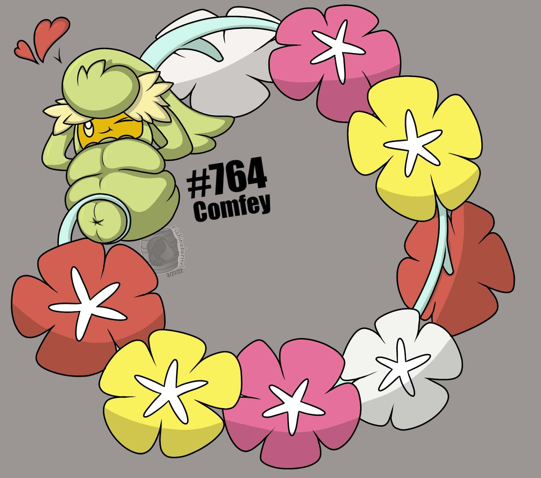 眨眼的764 Comfey 壁紙 — 一隻可愛的綠色Comfey寶可夢從一個由粉紅、黃、紅、白花朵組成的彩色花環後面探出頭來。