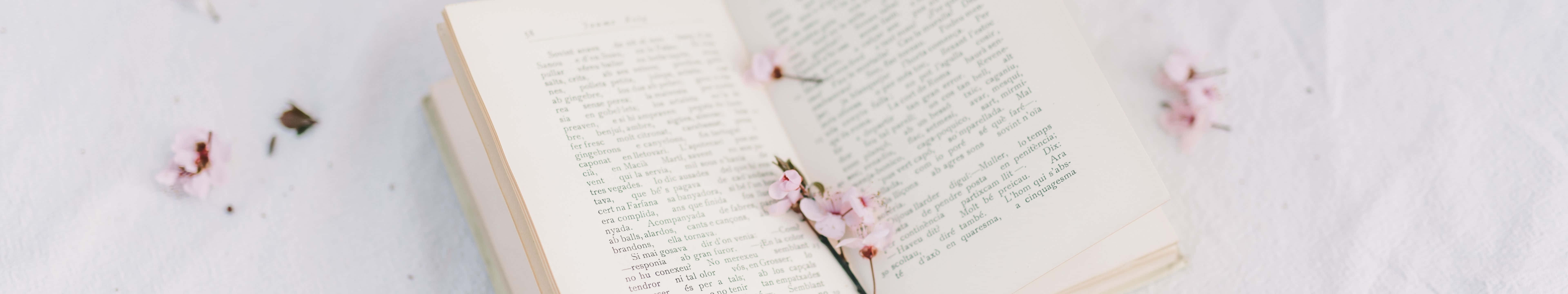 打開的書，粉紅色櫻花散落在白色紋理表面上。