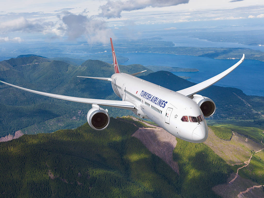 土耳其航空波音787-9飛機模型 壁紙 — 土耳其航空飛機在部分多雲的天空下，翱翔於鬱鬱蔥蔥的綠色山脈和廣闊的藍色海洋之上。