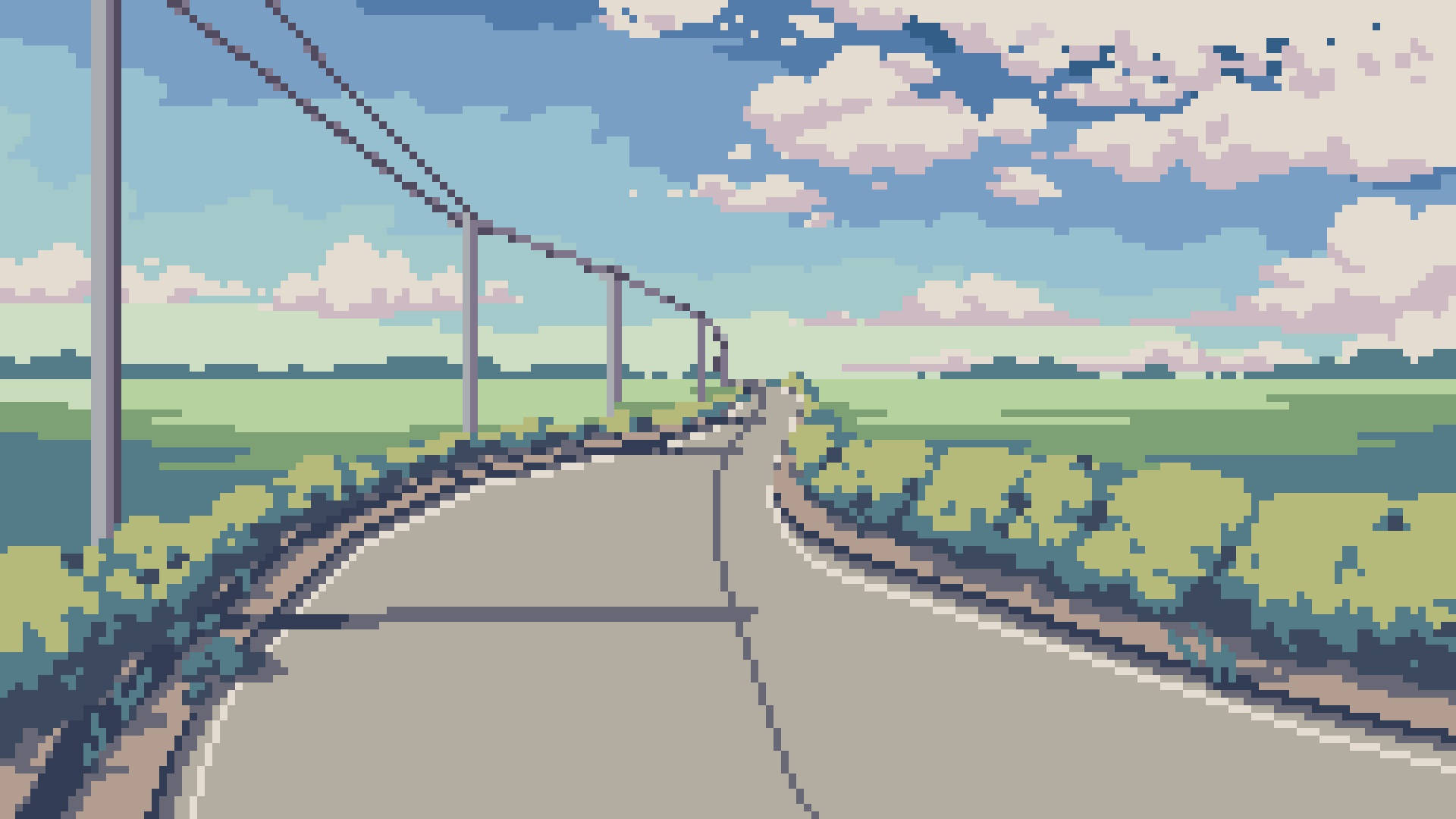 日式道路 8-bit 美學電腦壁紙 壁紙 — 一條像素藝術道路蜿蜒穿過綠色田野，上方是藍天和白雲。