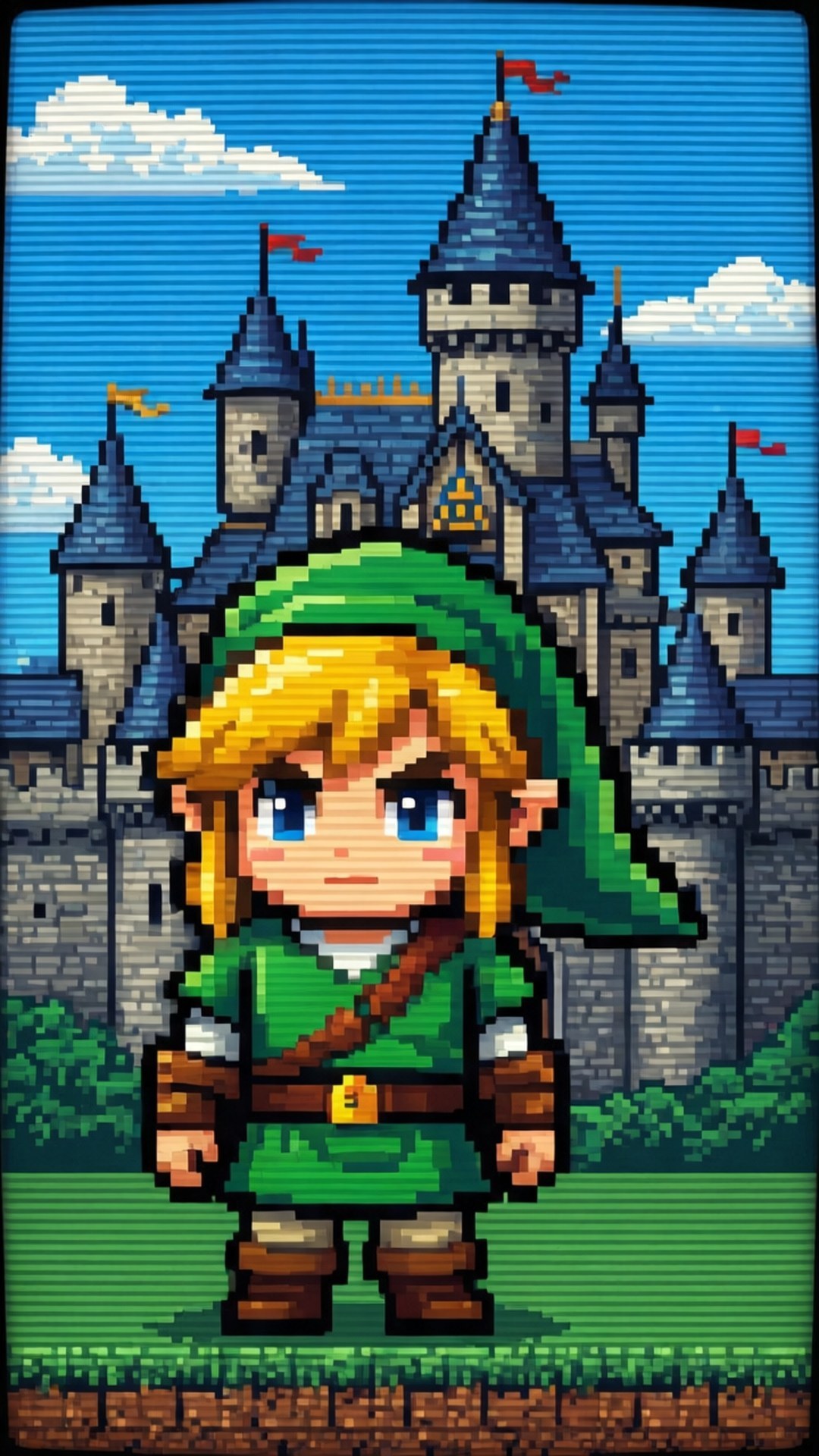 8-Bit Legend 壁紙 — 一個像素化的林克，身穿綠色長袍和帽子，站在一座藍色屋頂和紅色旗幟的城堡前，背景是明亮的藍天。