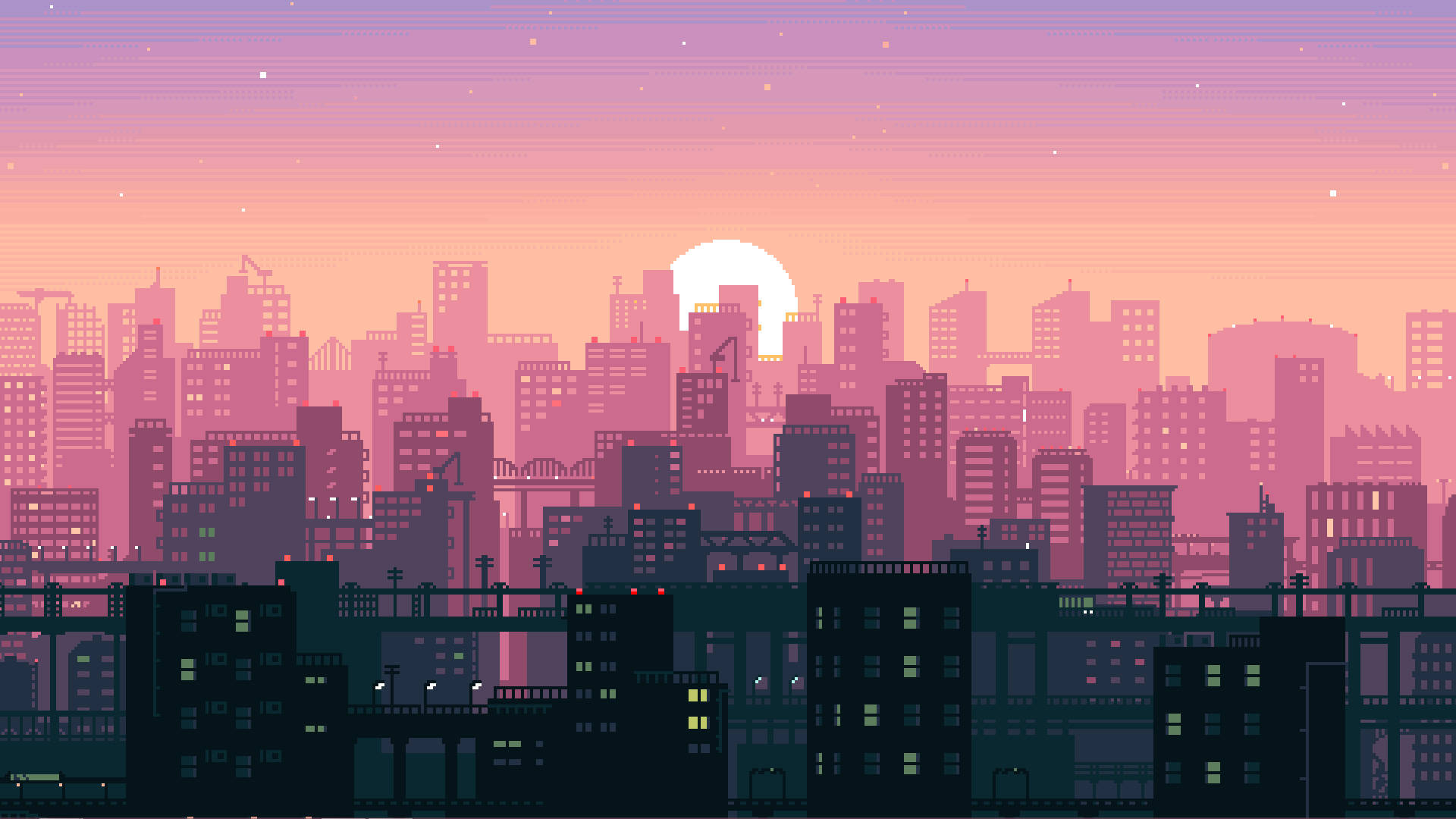 8-bit 風城市藝術 壁紙 — 像素藝術城市天際線，日落時分，建築物後方有發光的窗戶和一個大太陽，呈現粉紅色和紫色調。