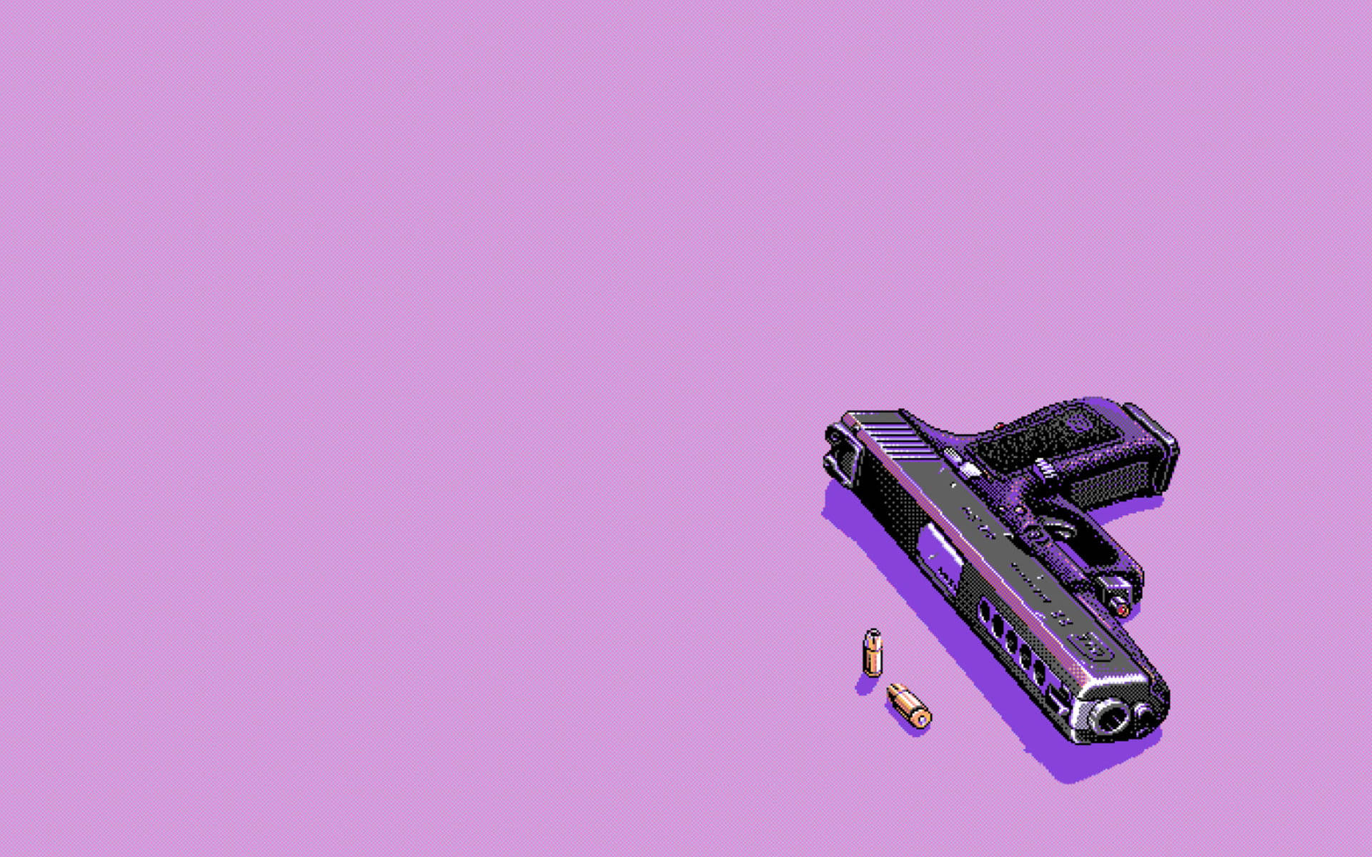 8-bit 風格 Glock 手槍 壁紙 — 一把像素藝術手槍和兩顆子彈放在純色薰衣草背景上，帶有銳利陰影。