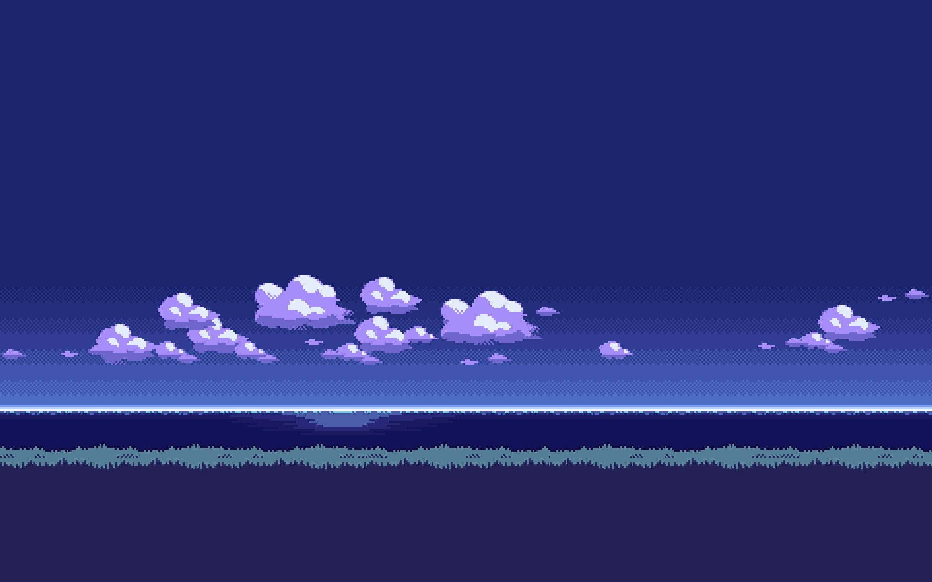8-bit 風藍天白雲海景 壁紙 — 像素化的紫色雲朵在深藍色地平線上飄移，下方是剪影森林，背景是深邃的夜空。